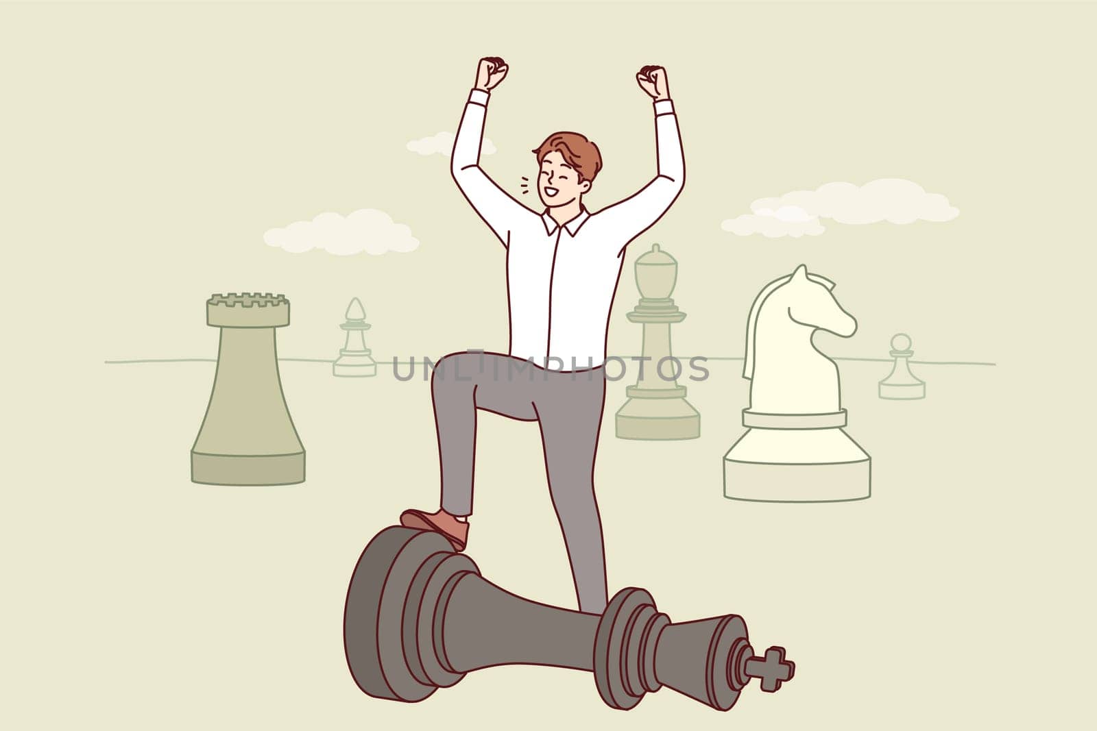 Man business strategist celebrates victory over competitor located on giant chessboard. Successful Strategist manager is proud of defeat of enemy, is hindering growth of corporate profits.