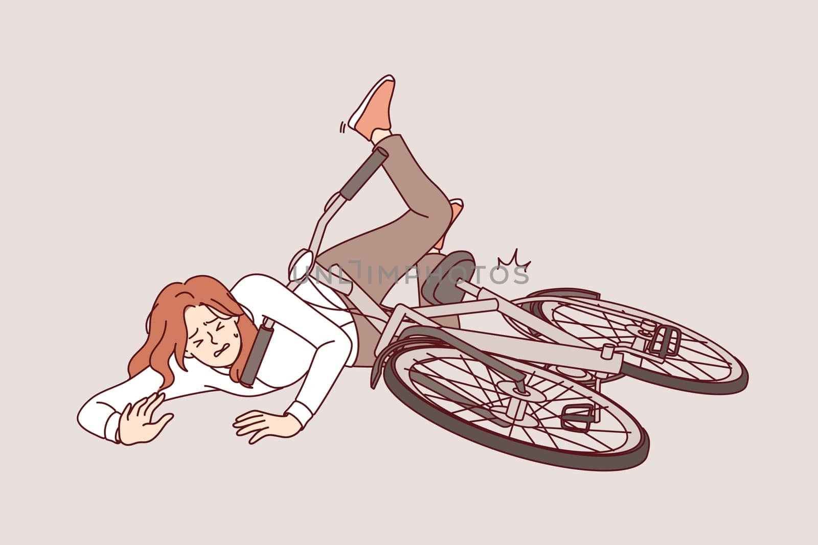 Woman fell off bike while riding in park or learning to ride bike and needs help of doctor. Girl cyclist received head injury due to violation of rules for using bicycle and did not wear helmet