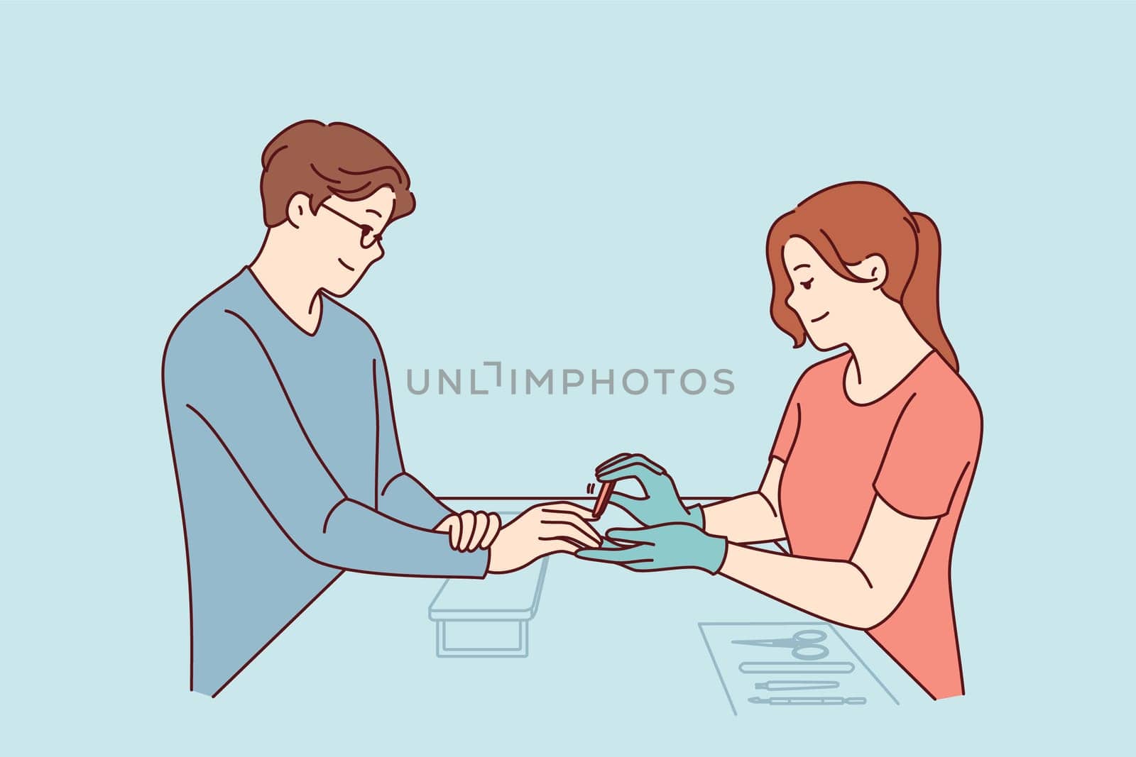 Woman does manicure for man who cares about nail hygiene and well-groomed hands, or absence of uncut cuticles. Specialist processes fingernails with file during manicure session for guy