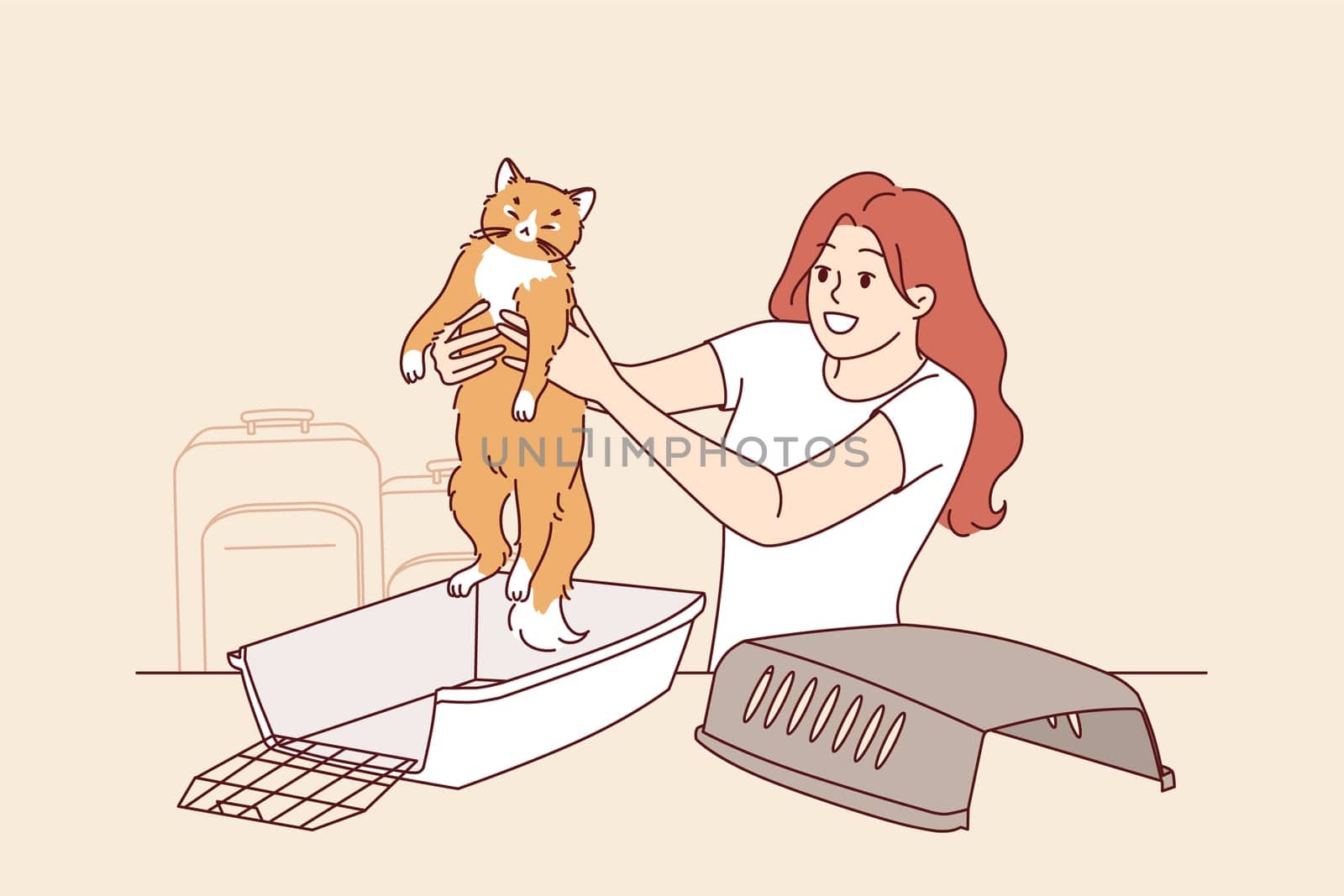 Animal cage for traveling with cat, near woman preparing pet for trip to airport. Disassembled plastic animal cage lies on table of happy owner of cute kitten who loves long trips.