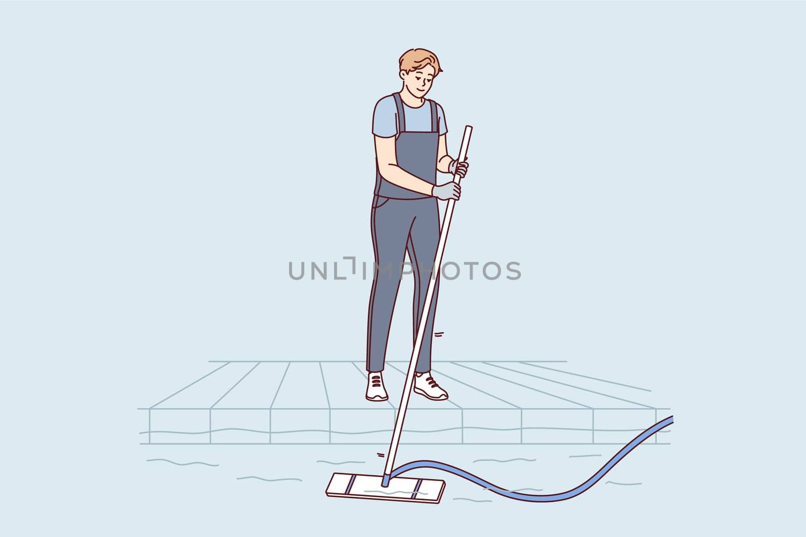 Man pool cleaner uses electric hoover with hose to suck out algae and debris from bottom. Pool cleaner guy enjoys work and achieving perfect results in preparation for swimming season.