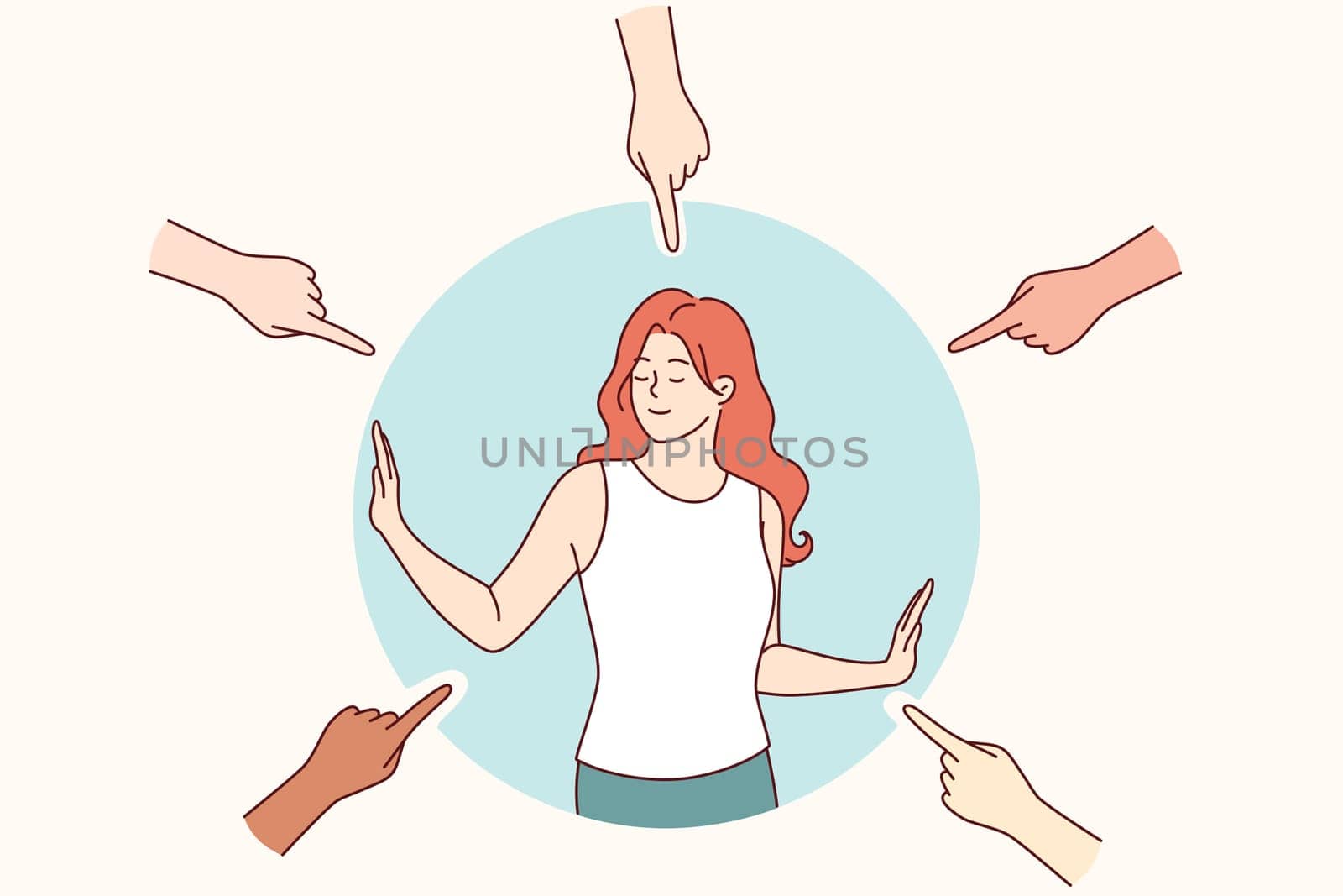 Woman protects personal boundaries and prevents people around from invading hoover space. Personal boundaries save young girl from tactful interlocutors who want to ruin mood and offend girl