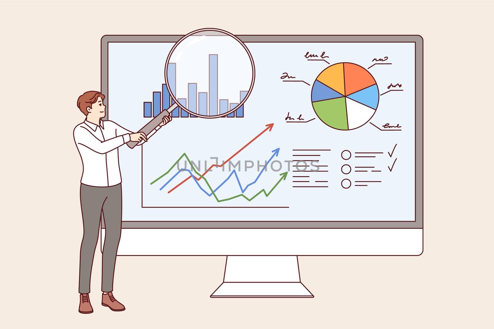 Man business analyst demonstrates charts in CRM system, standing near large computer monitor. Manager uses CRM to maintain statistics and track KPI of corporate department employees