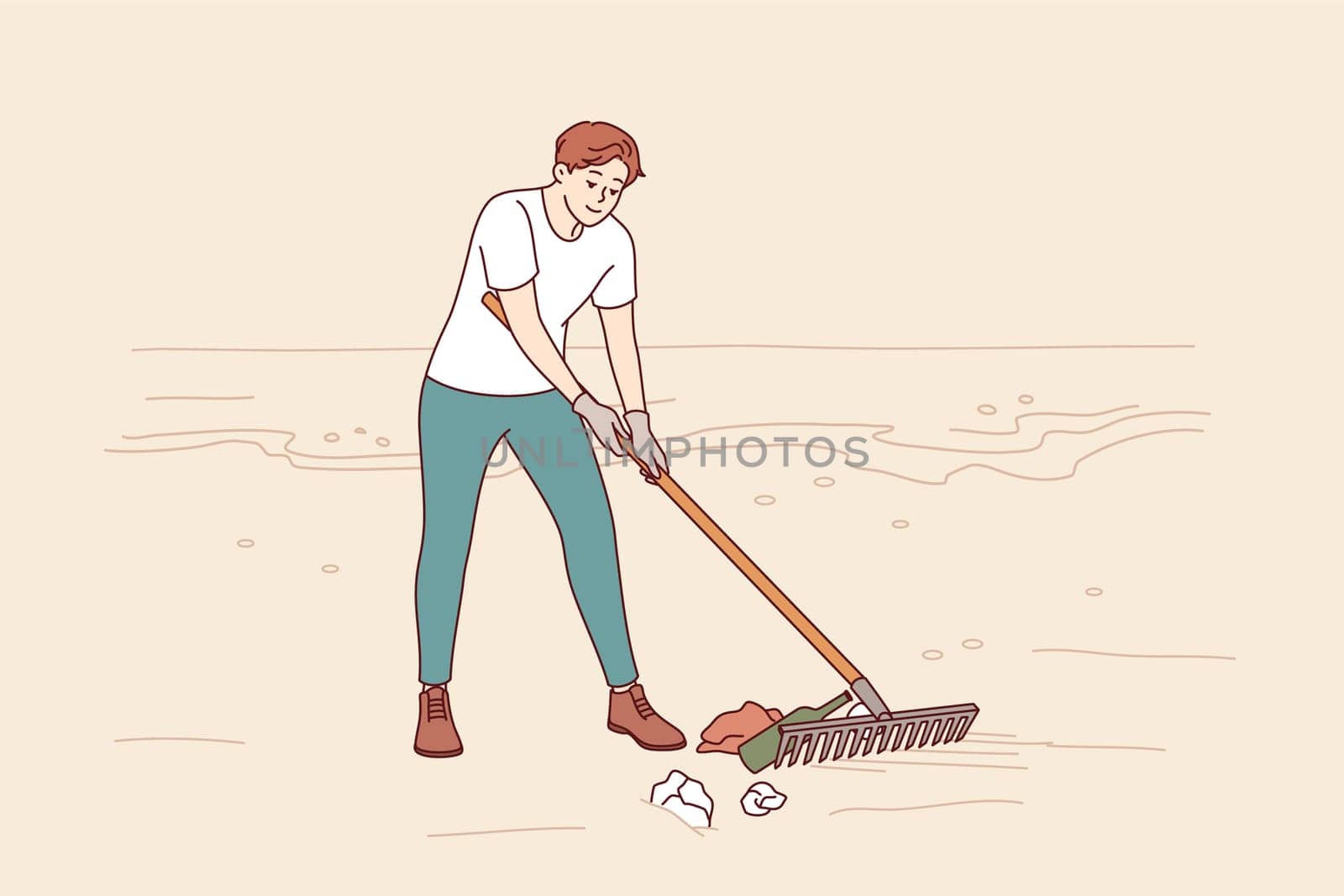 Man volunteer cleans beach of trash to prevent ocean pollution from plastic and bottles. Guy is volunteer trying to save nature and environment from pollution causing climate change.