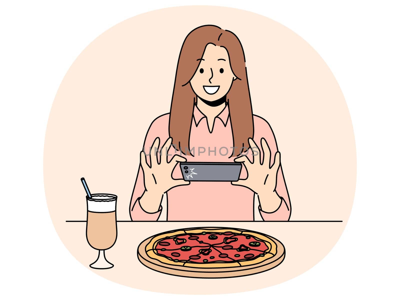 Woman takes picture of pizza on phone, wanting to make post on social network and talk about life. Girl blogger take shot of pizza while visiting restaurant of traditional italian cuisine