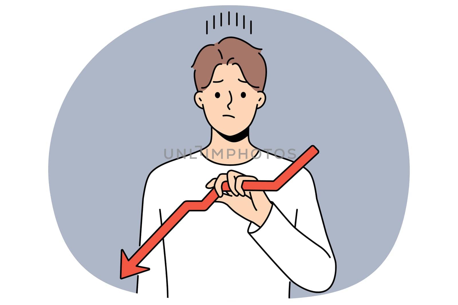 Sad man holds declining chart symbolizing beginning of crisis and financial recession affecting income. Upset guy with red down arrow reports decrease in number of clients or decrease in wages