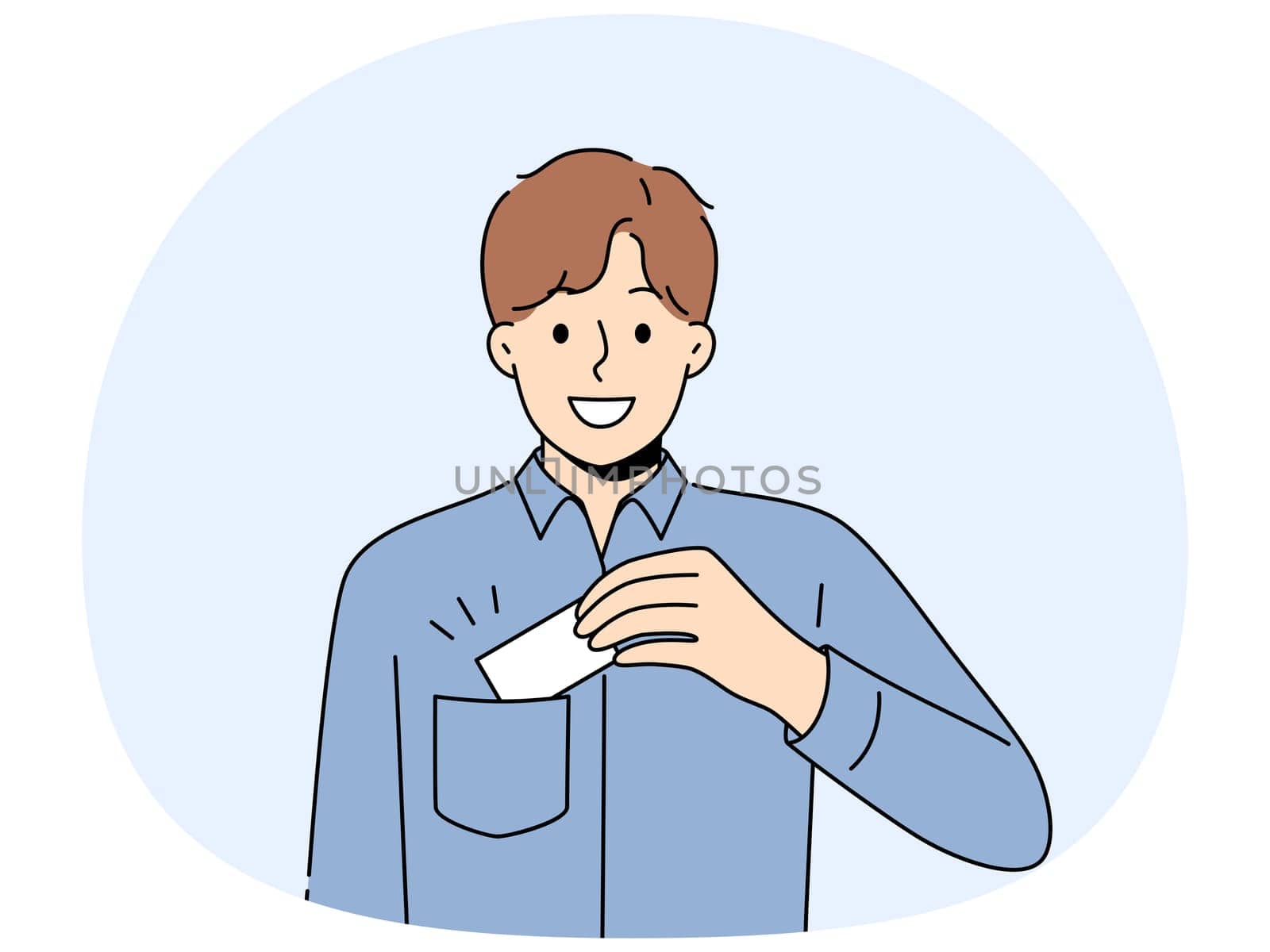 Man takes out business card from pocket to exchange contacts with potential partner or buyer and looks into camera with smile. Business guy in blue shirt wants to share contacts with new acquaintances