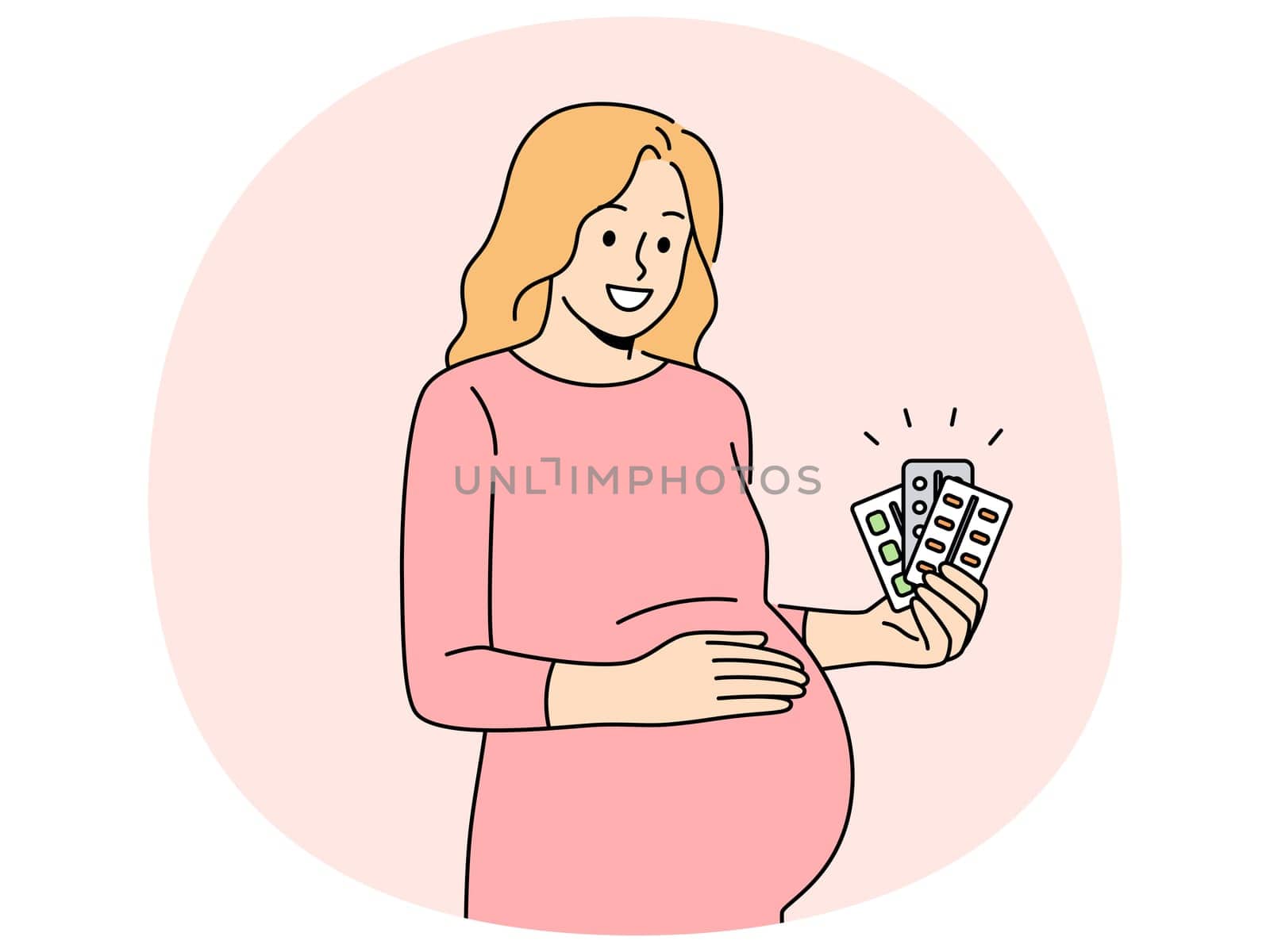 Pregnant woman holds blisters of pills and vitamins to support immunity of baby in womb. Pregnant expectant mother recommends taking useful medicines to get rid of health problems.