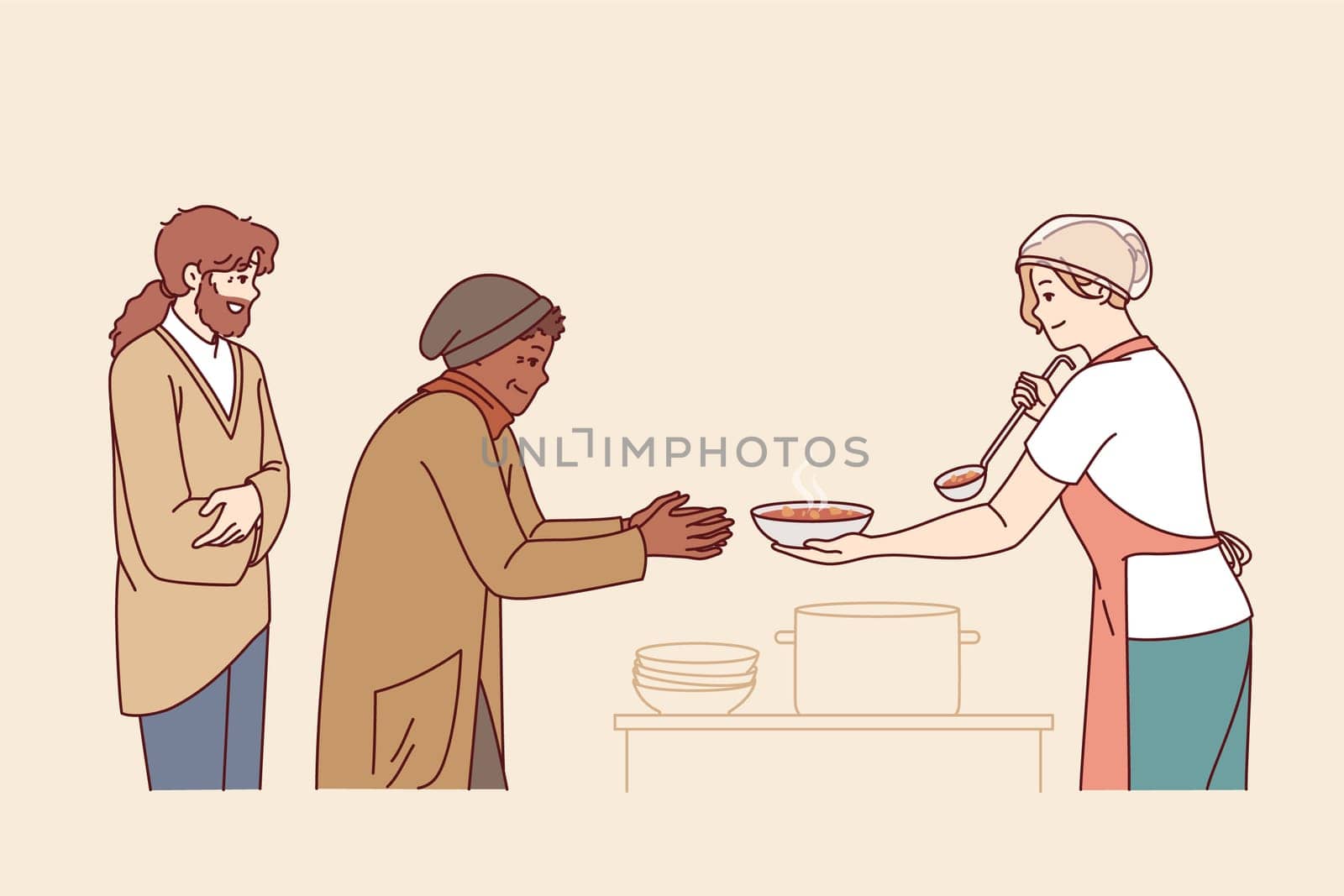 Social canteen for homeless receiving food from hands of volunteer pouring hot soup for poor people. Woman activist feeds food to homeless people in difficult financial situations.