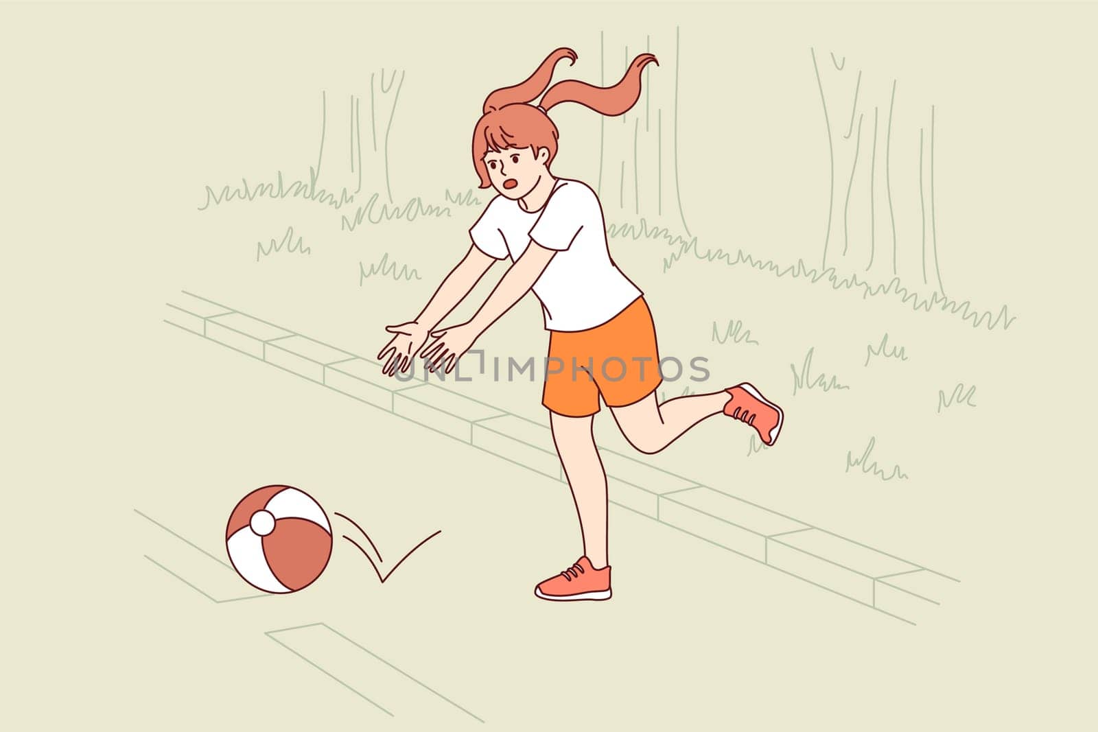 Little girl plays ball on road, putting own life at risk because of lack of parental supervision. Danger for child at risk of becoming victim of accident due to lack of knowledge of traffic rules