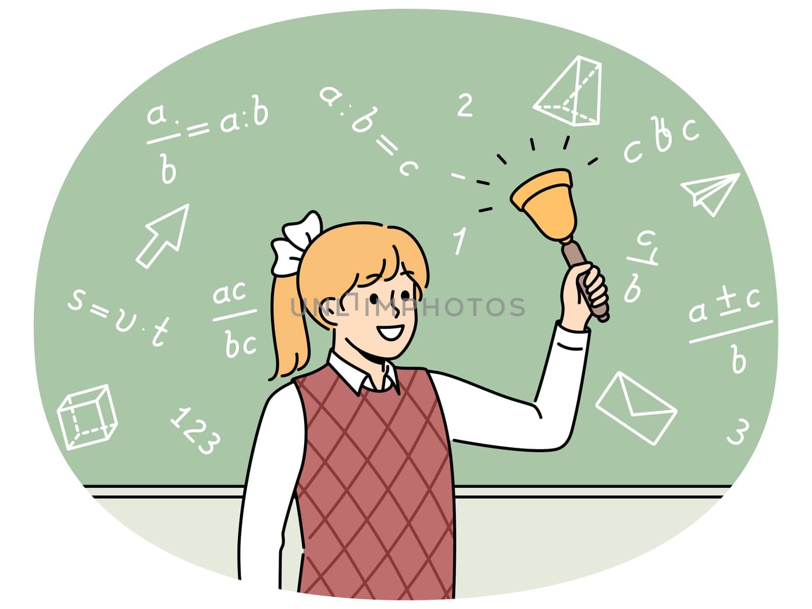 Girl elementary school student with bell stands near chalkboard with mathematical formulas and examples. Happy schoolgirl with bow on blond hair makes call, for concept back to school
