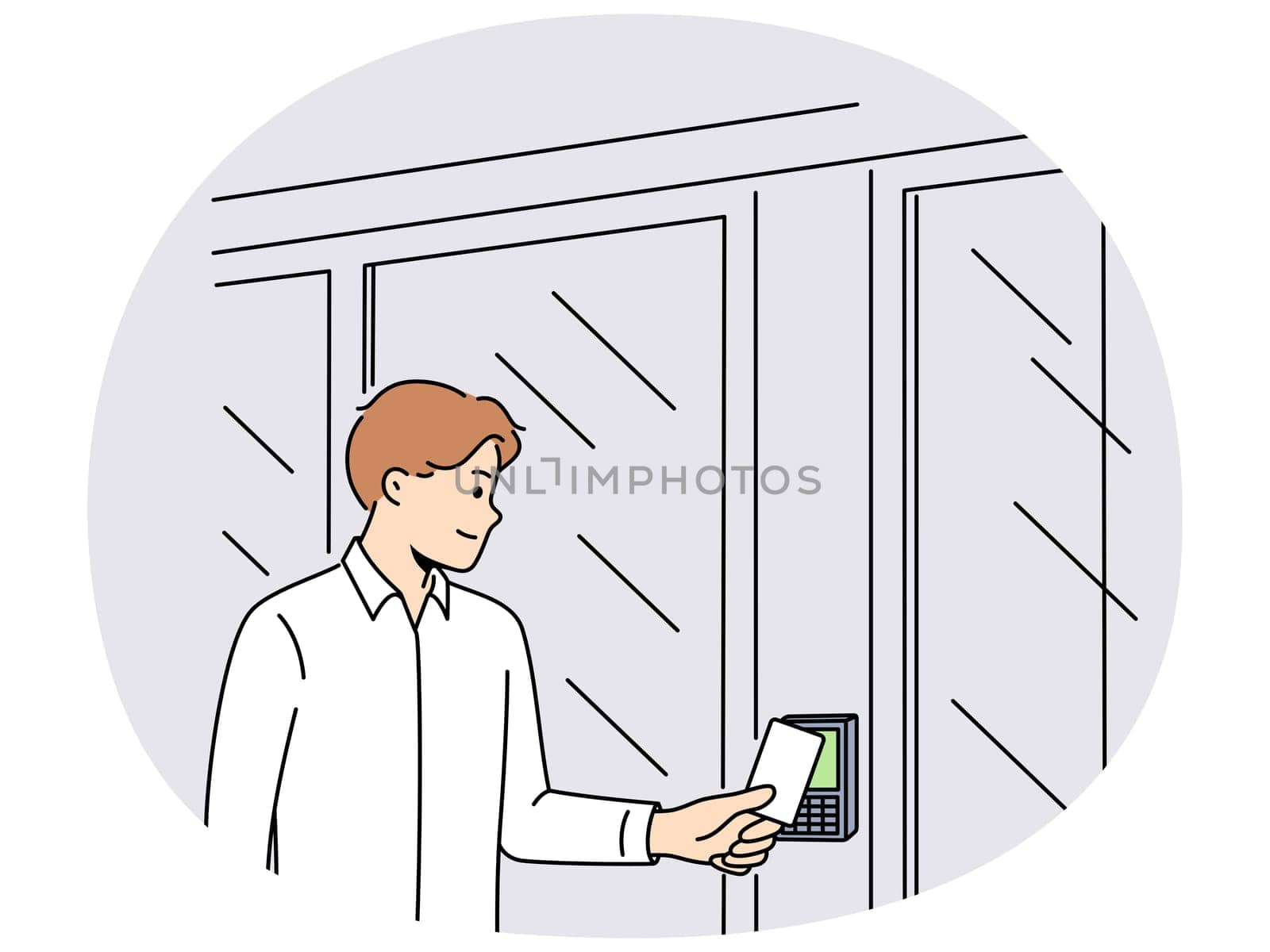 Business man uses key card for open electronic lock on door and gain access to office space. Guy enters buildings by sending key card to device to identify visitors and ensure security