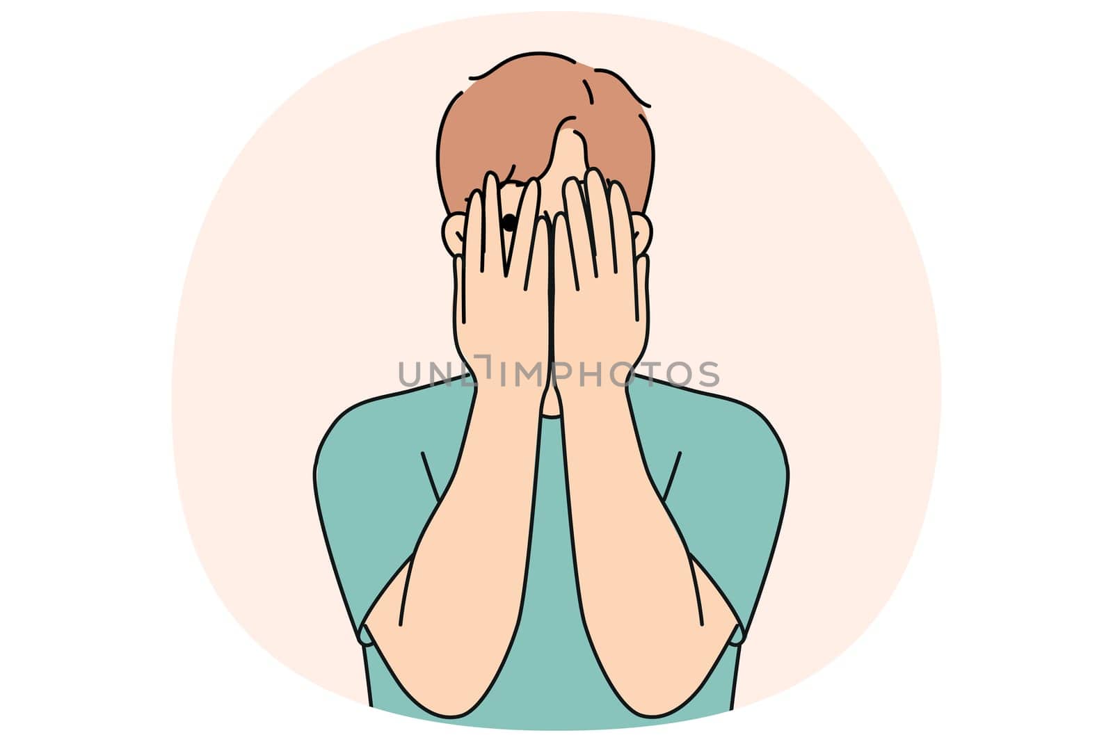 Man closes eyes with hands and peeps, feeling excited in anticipation of surprise or panic after receiving threats. Guy feels insecure and panic, trying to hide from problems that have arisen.