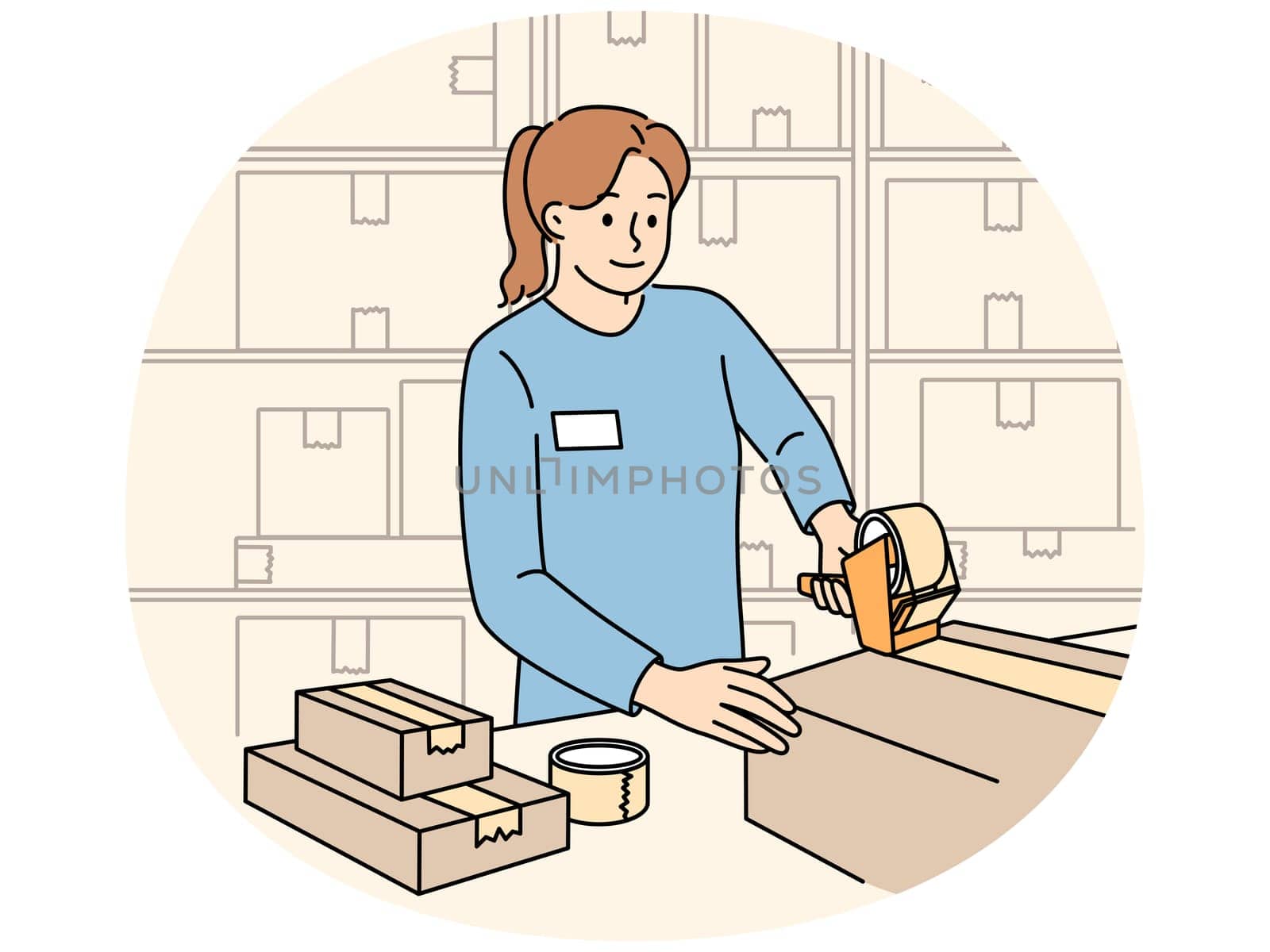 Woman works in warehouse packing parcels and sealing cardboard boxes while performing duties as storekeeper. Girl employee of warehouse or point of issue of orders stands near racks with cardboxes