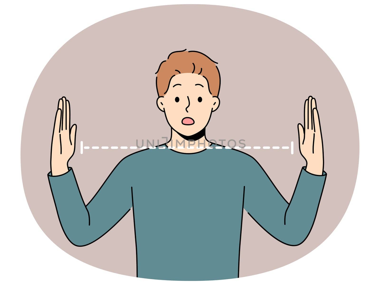 Surprised man spreads arms wide and is shocked by size of object or problem that has arisen. Surprised guy opens mouth and looks at screen, embarrassedly learning about big trouble.