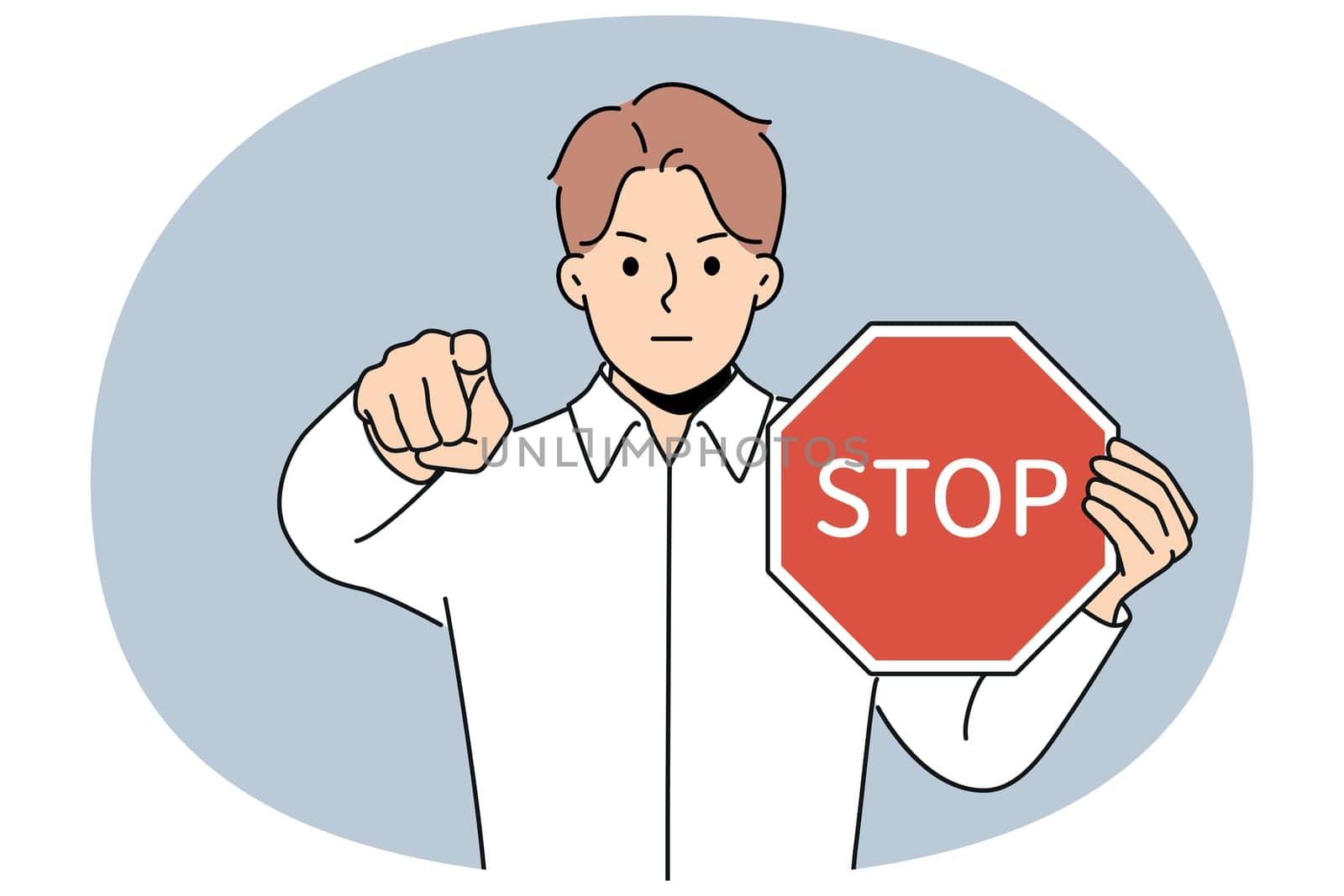 Man with stop sign in hands says access is denied and points finger at screen warning about stopping cooperation. Businessman calls to stop work and start audit or change conditions