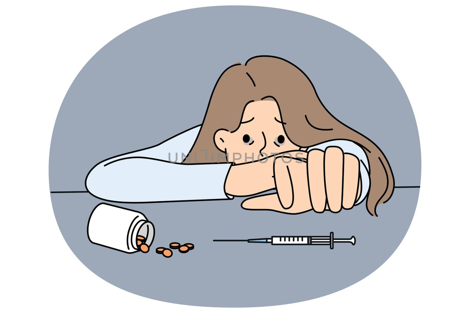 Woman addicted to drugs reaches for syringe or pills to forget about financial and personal problems. Young addicted girl needs doctor help to stop using antidepressants and narcotic substances