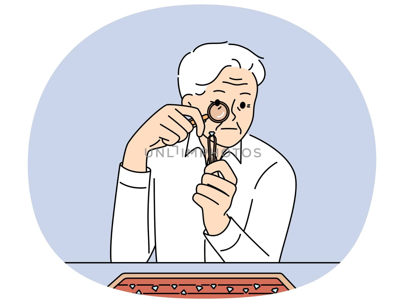 Elderly man jeweler examines diamond through magnifying glass checking gems for authenticity. Gray-haired worker in jewelry workshop chooses diamond to create necklace or engagement ring.