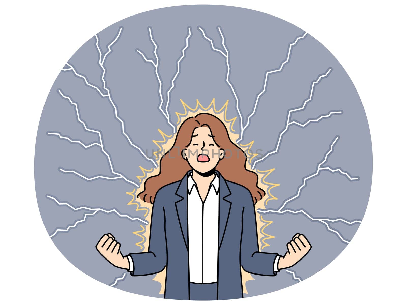 Young angry woman stands among lightning bolts and is nervous about problems affecting profit of company. Angry businesswoman closes eyes and clenches fists feeling hatred and annoyance