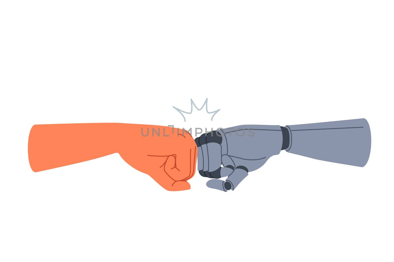 Synergy of robot and human joining fists as sign of solidarity and willingness to cooperate to achieve goal. Cooperation of people and robot with artificial intelligence to assist in new projects