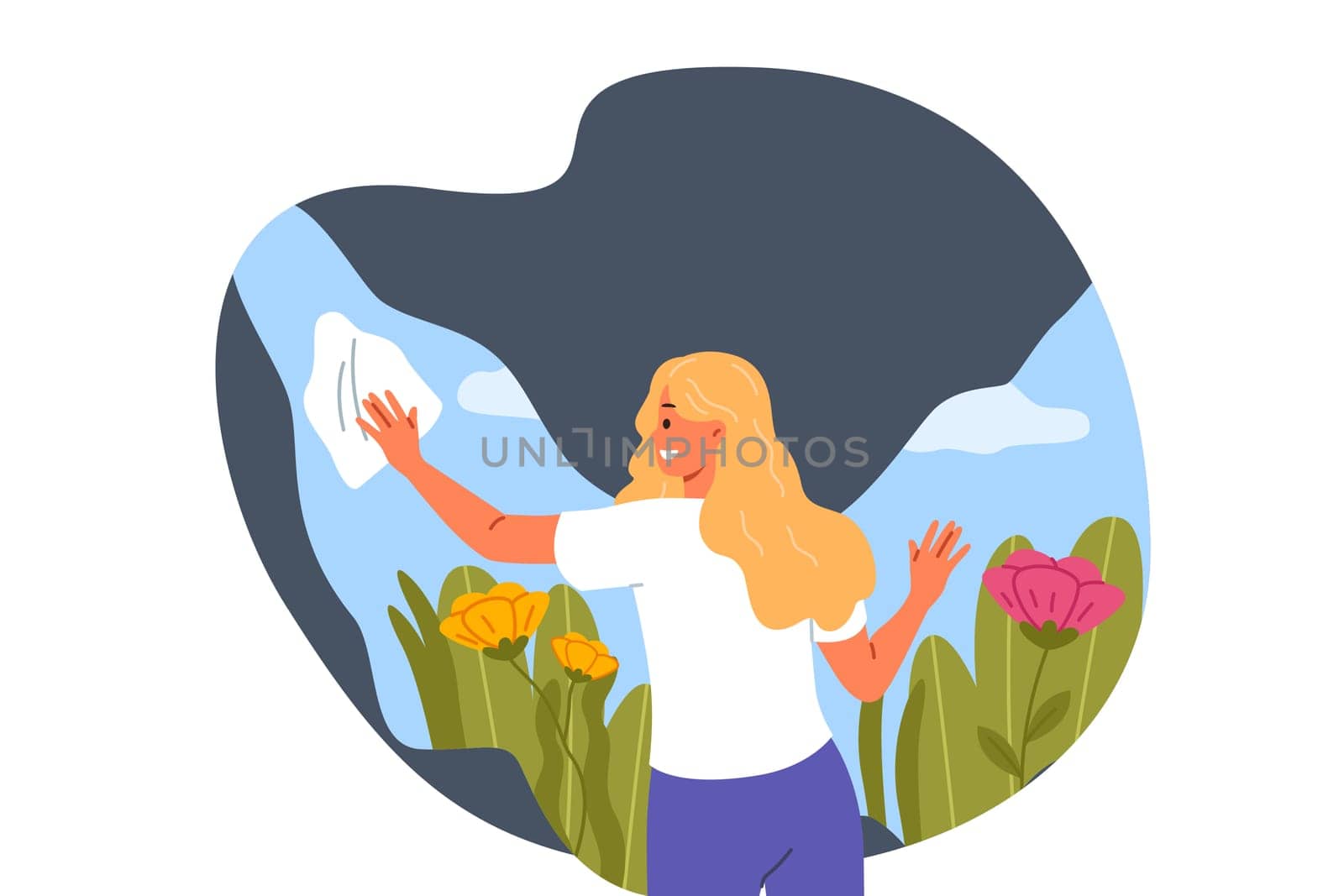 Woman takes care of nature by wiping dirty glass overlooking landscape with flowers in sunny meadow. Girl demonstrates spiritual purity by saving nature and wanting to achieve eco sustainability