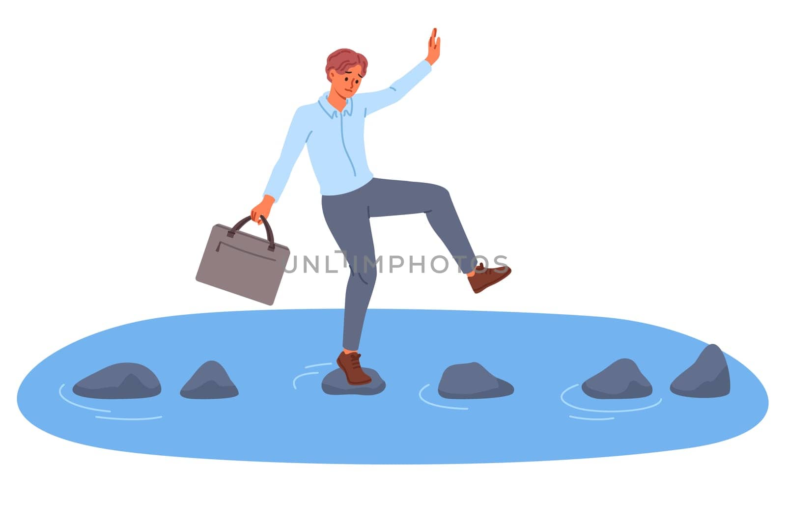 Business man takes risks by crossing river on slippery stones to achieve goals. Entrepreneur moves forward and risks drowning on path to success due to desire for rapid career growth.