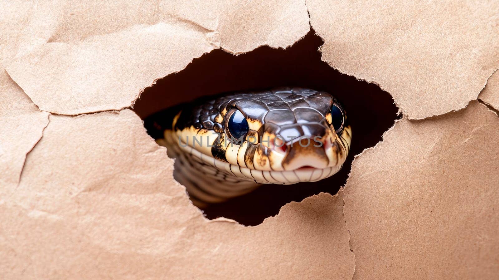 A snake peering through a torn hole in a paper. AI generated