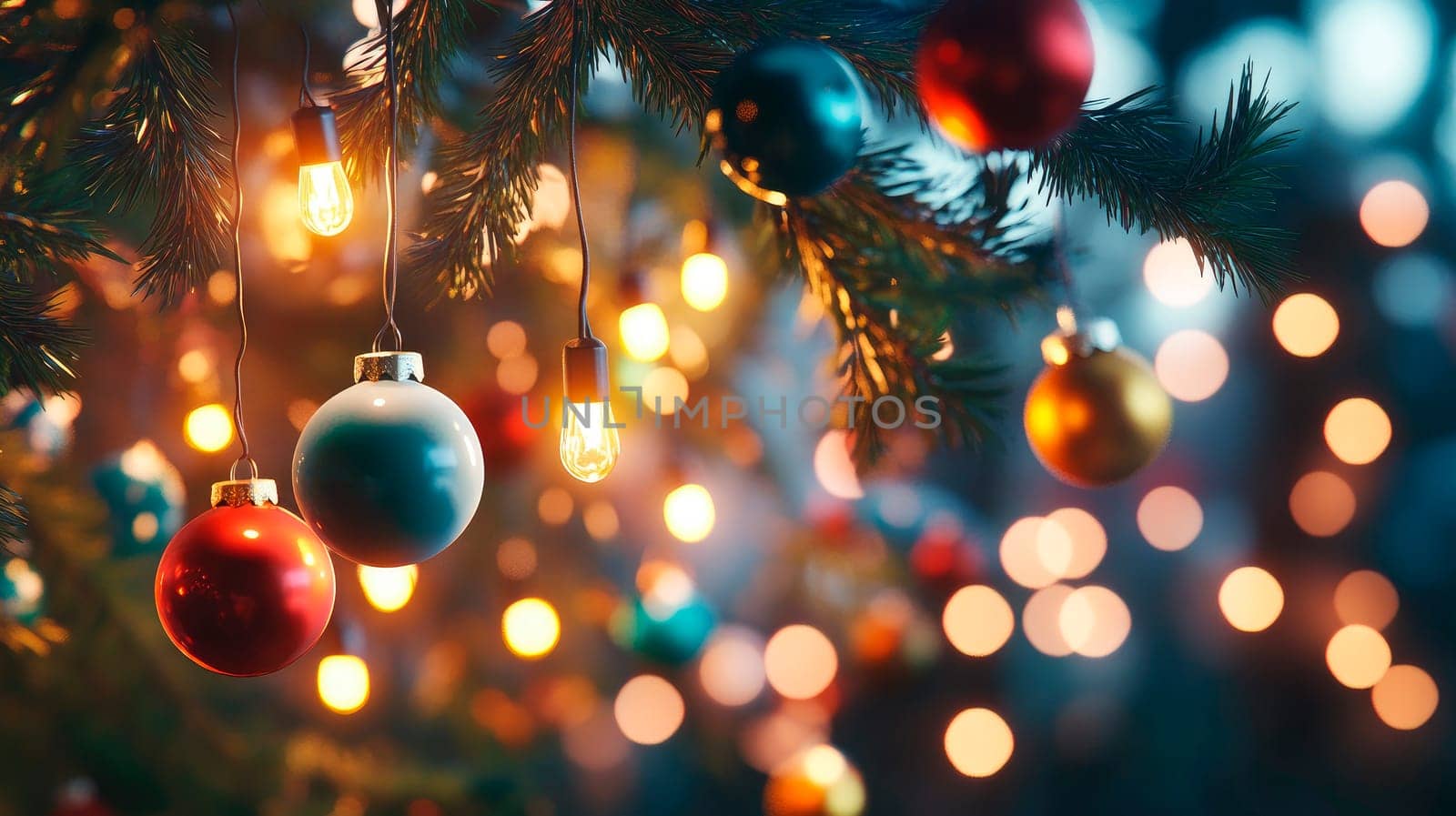 Christmas tree branches with decorations and garland lights on bokeh background. AI generated