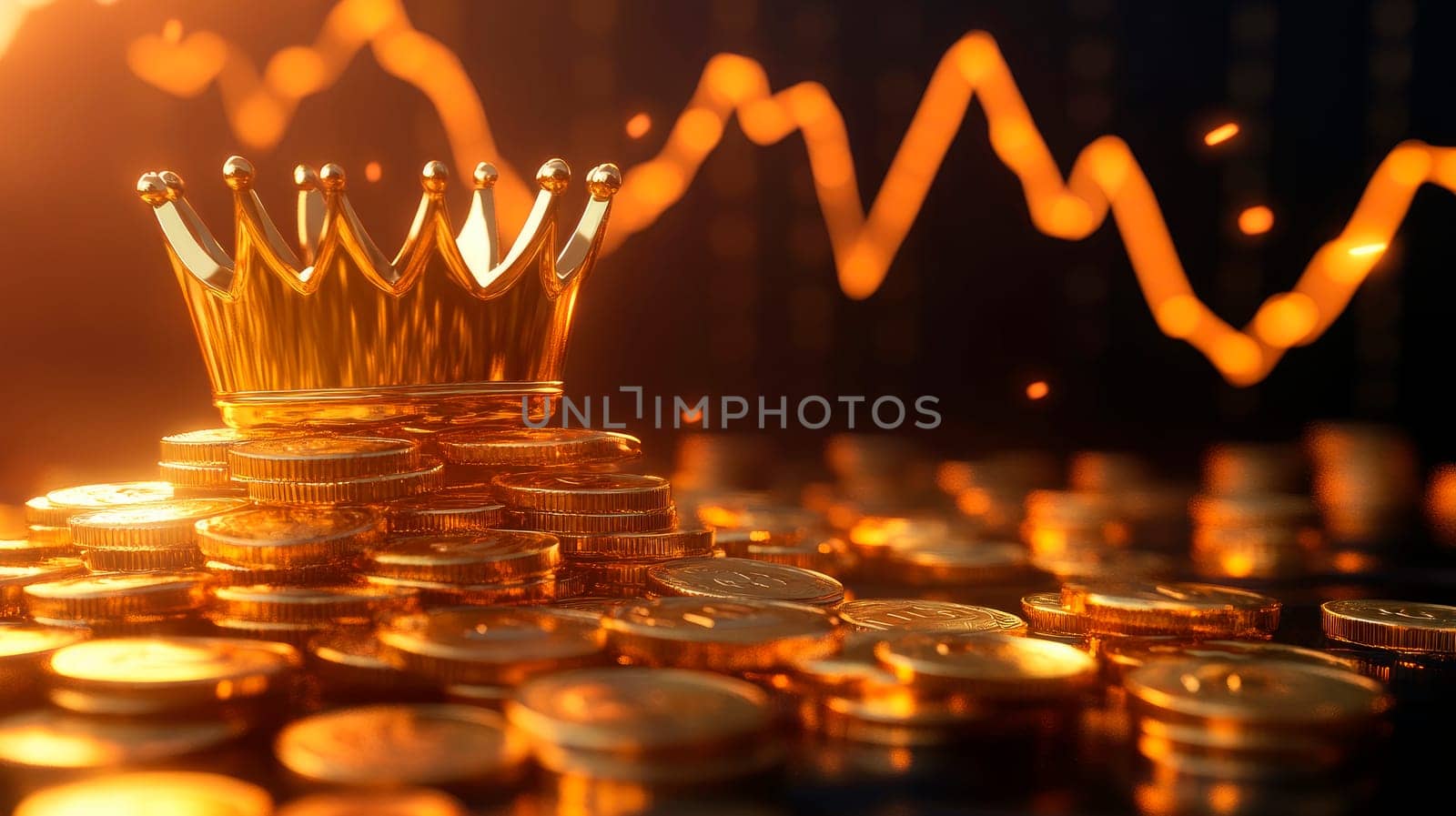 Golden crown on the top of a pile of golden coins with a trending graph in the background. Concept of wealth and market growth in gold investments. AI generated