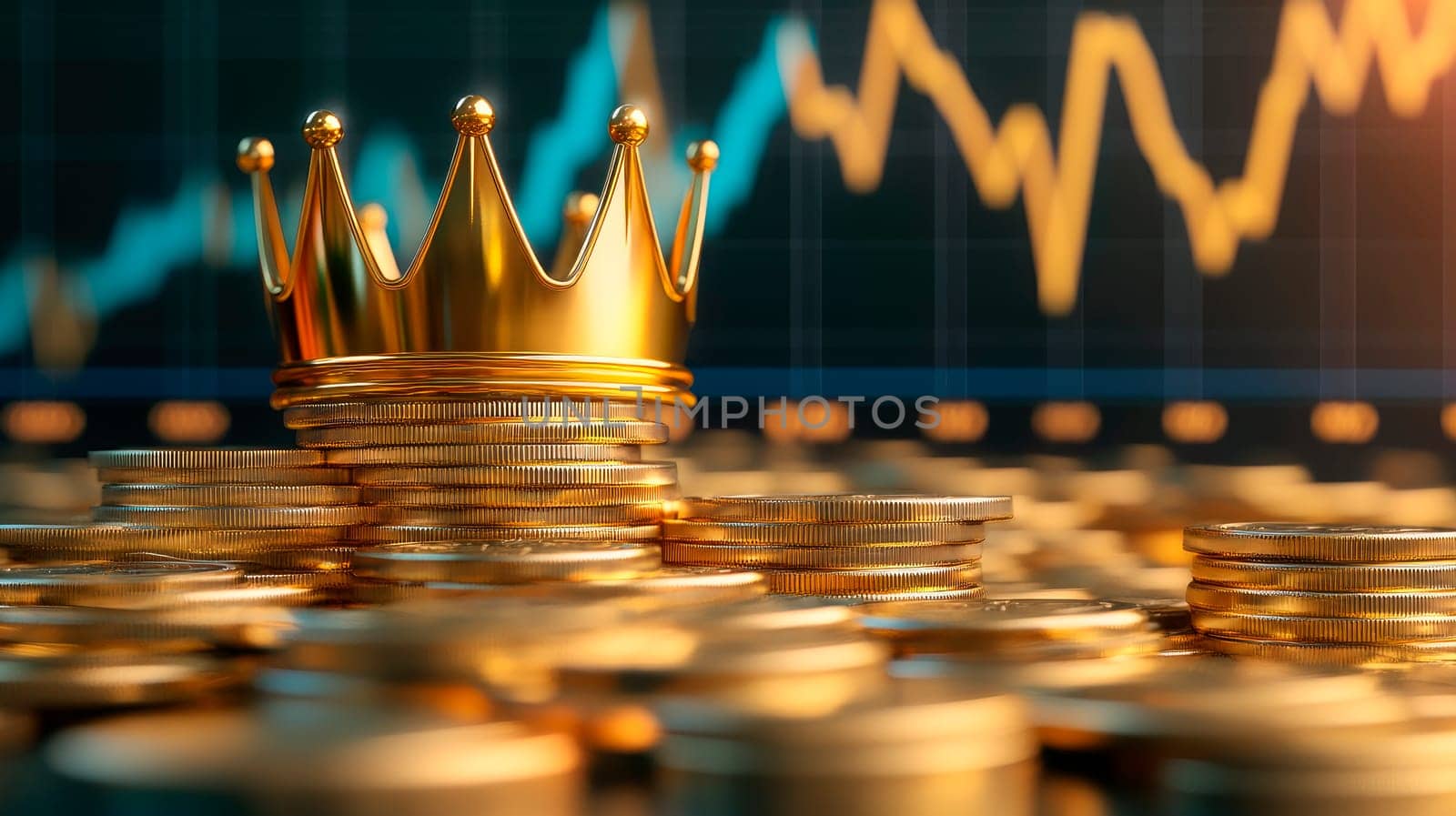 Golden crown on the top of a pile of golden coins with a trending graph in the background. Concept of wealth and market growth in gold investments. AI generated
