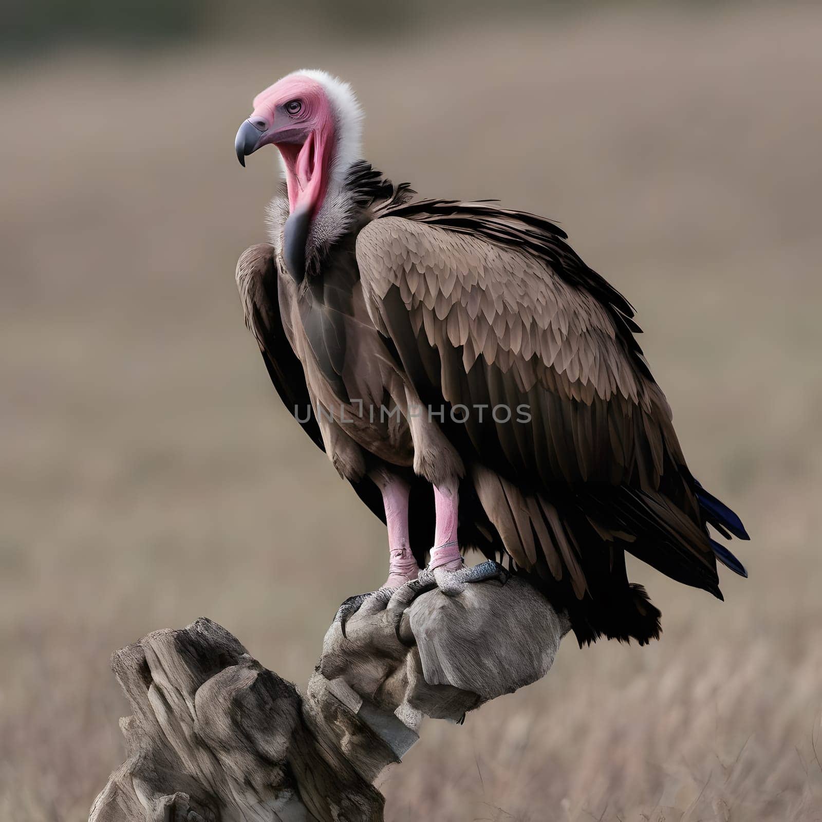 A group of vultures sits on the ground and looks for prey