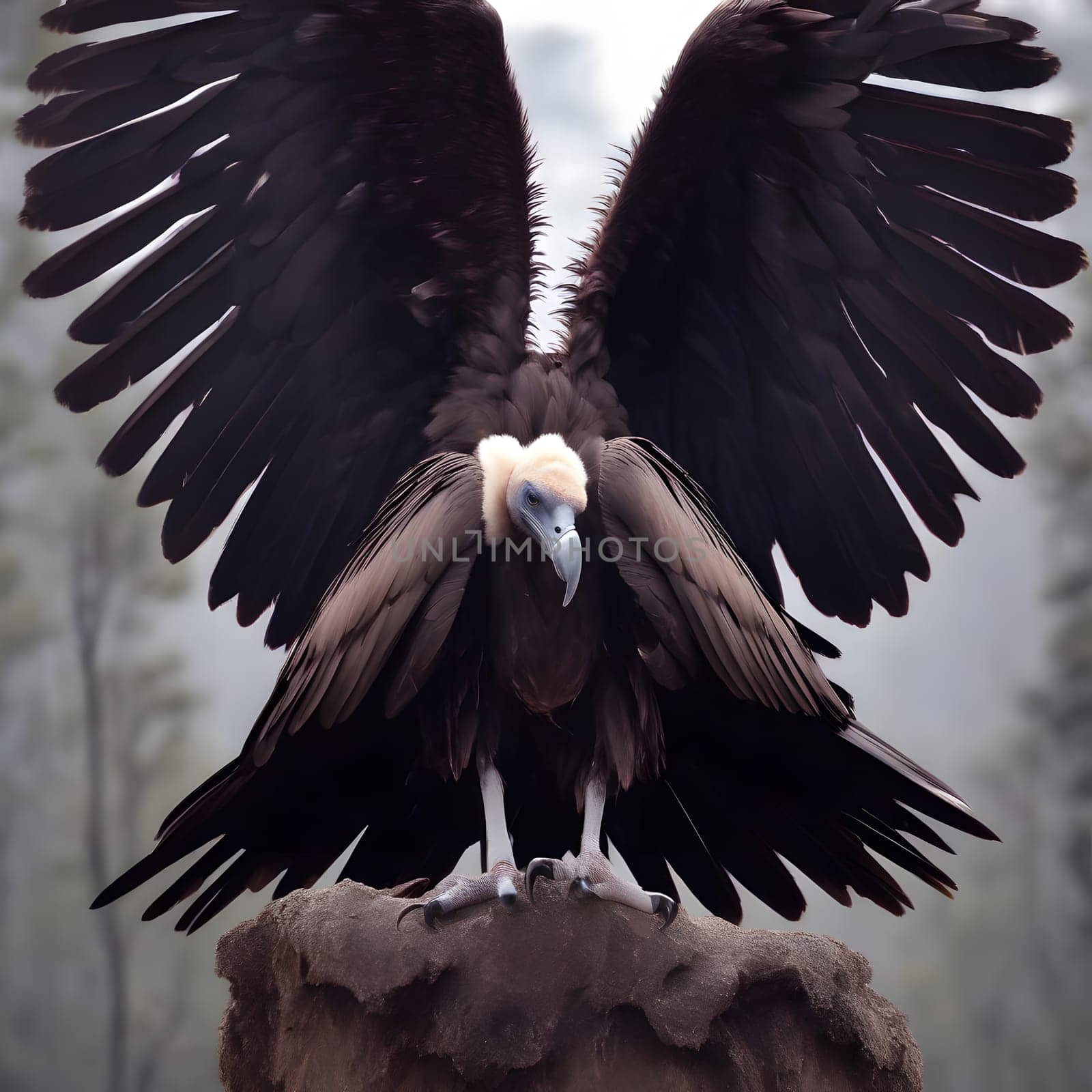 A group of vultures sits on the ground and looks for prey