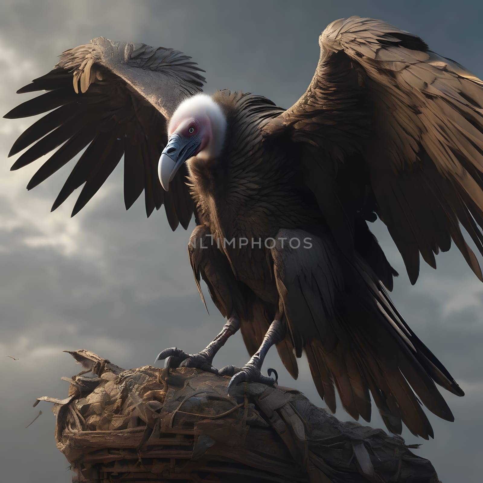 A group of vultures sits on the ground and looks for prey