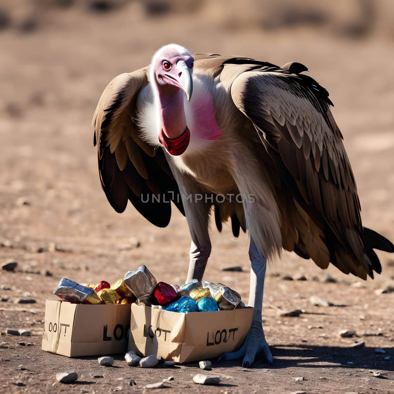 A group of vultures sits on the ground and looks for prey