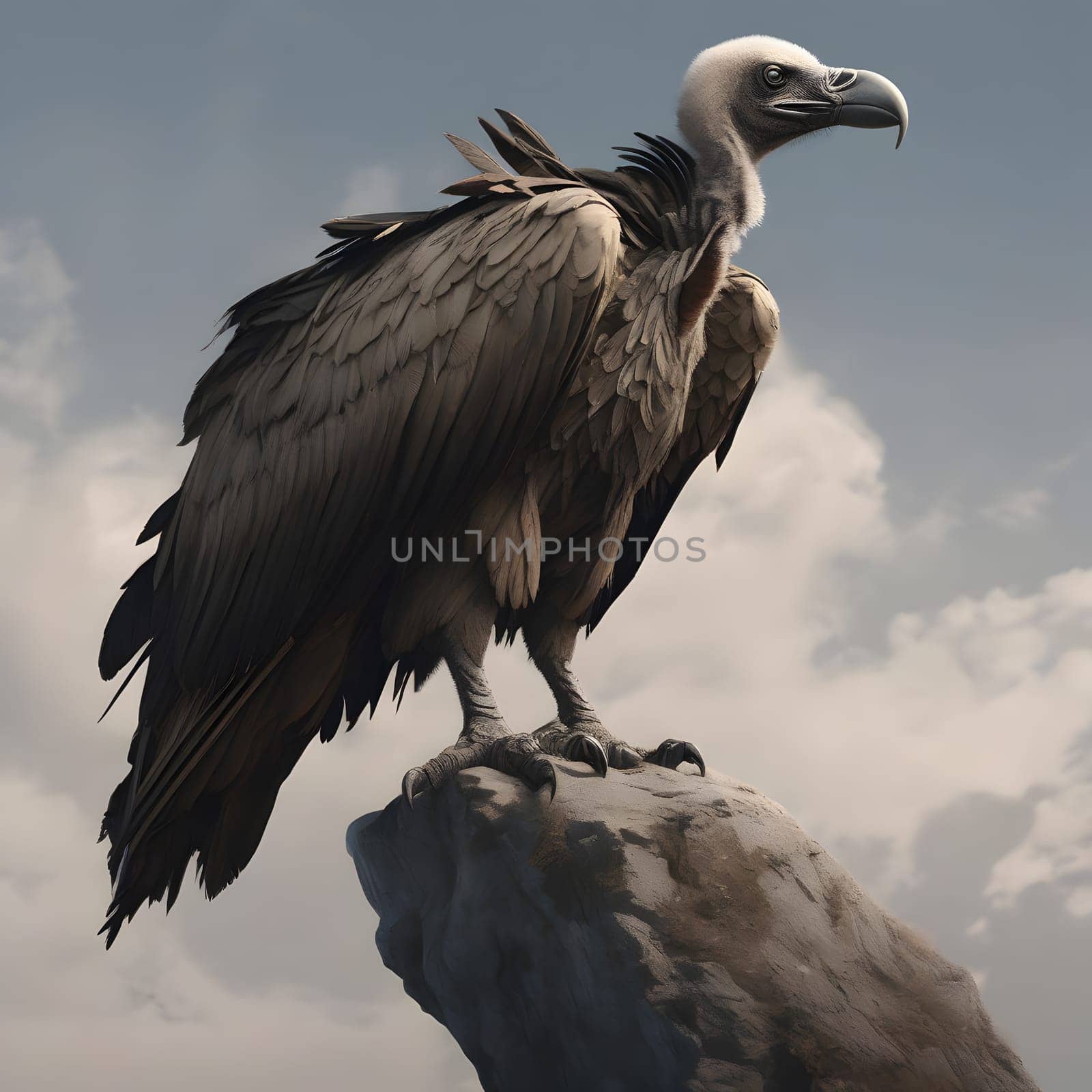A group of vultures sits on the ground and looks for prey