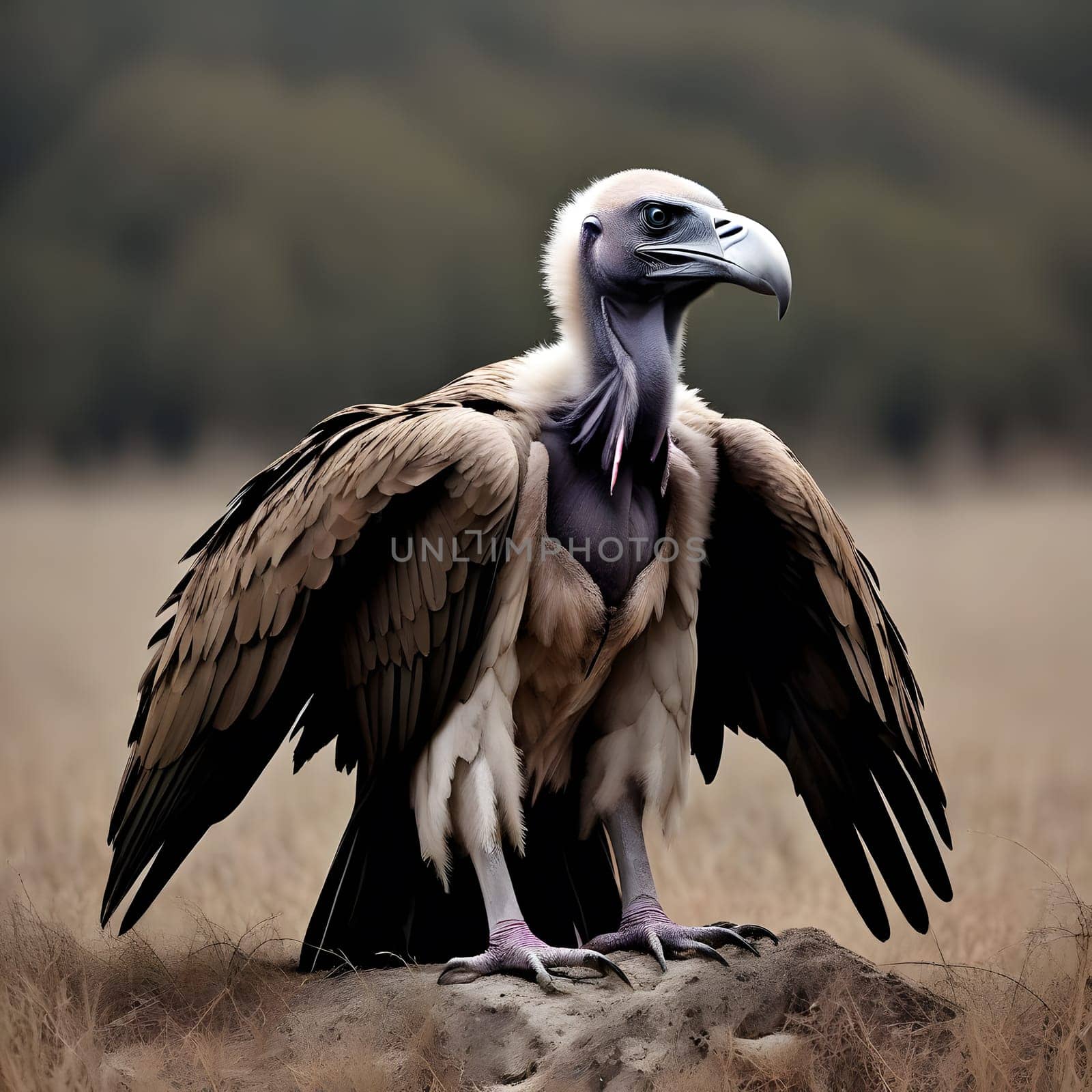 A group of vultures sits on the ground and looks for prey