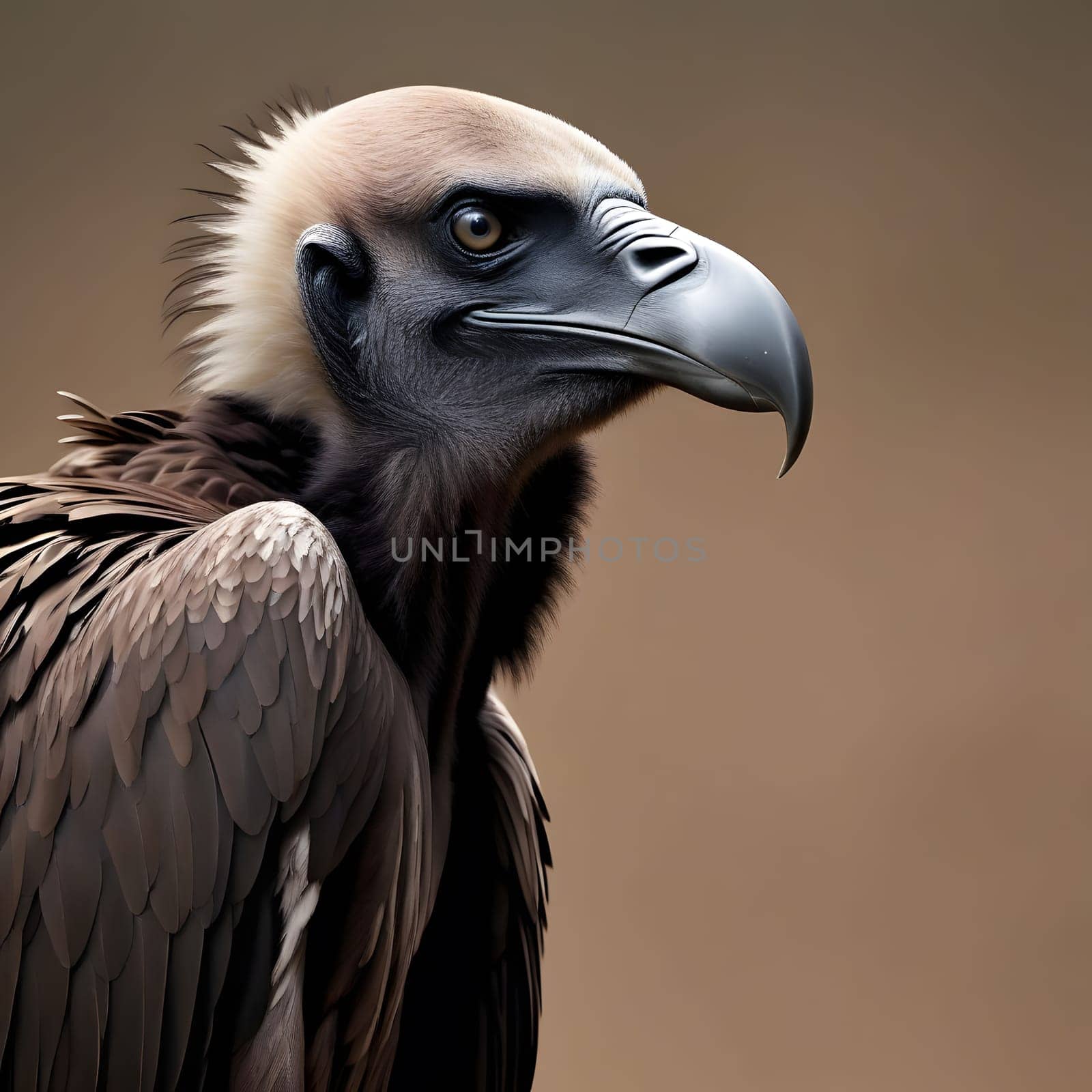 A group of vultures sits on the ground and looks for prey