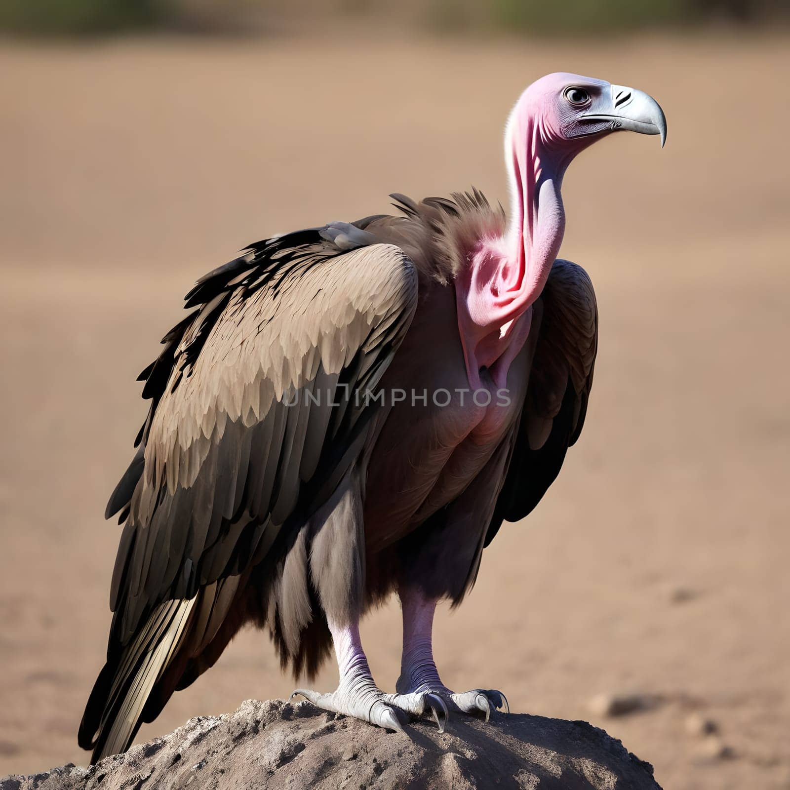 A group of vultures sits on the ground and looks for prey