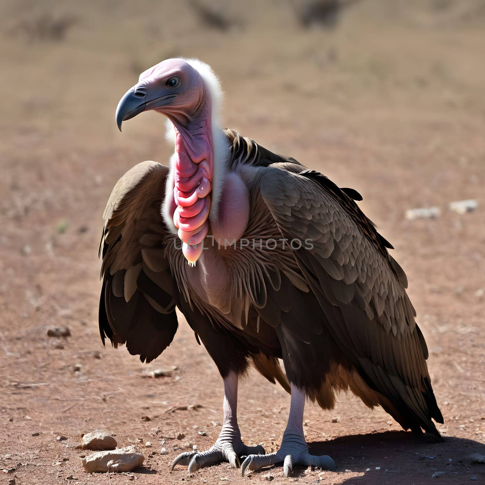 A group of vultures sits on the ground and looks for prey