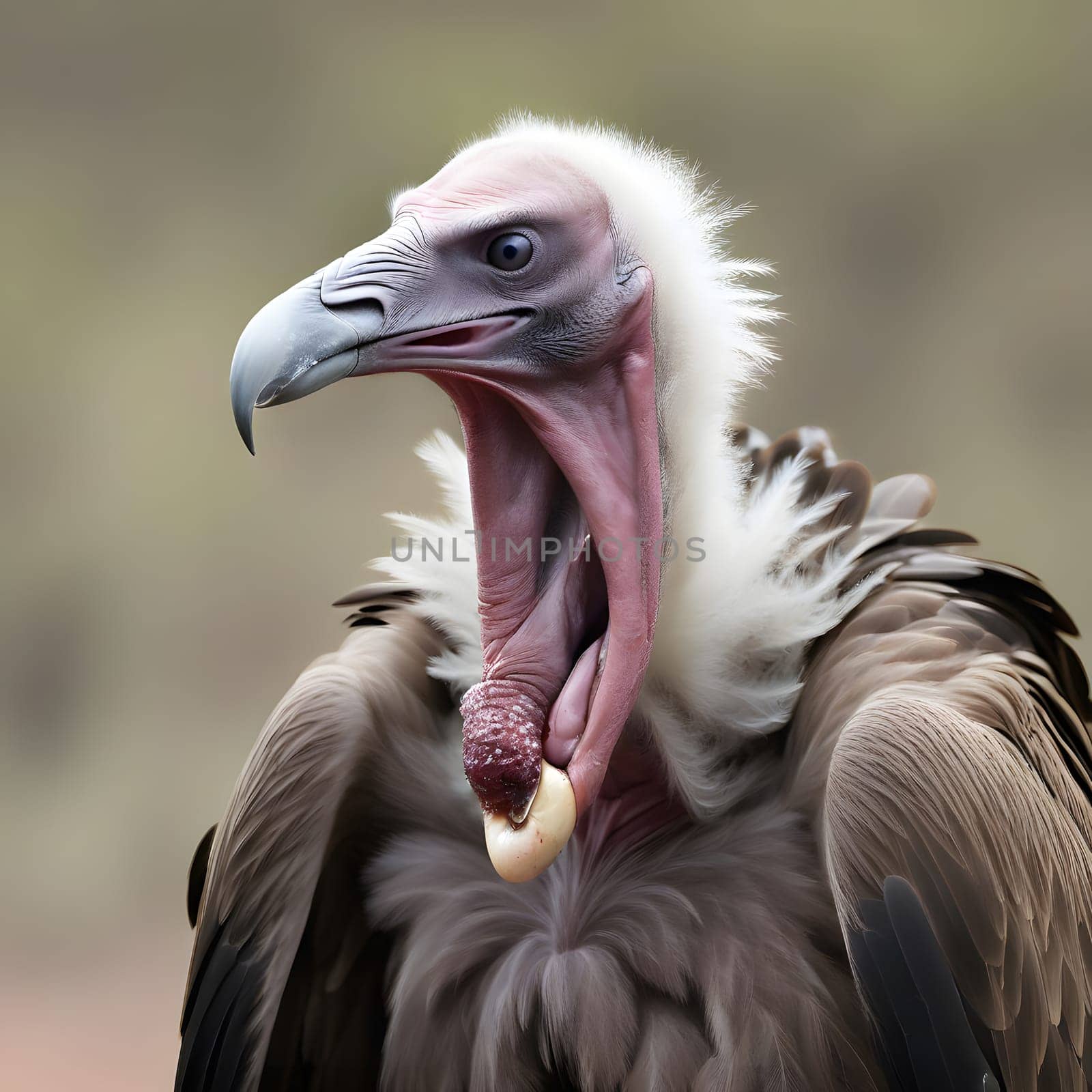 A group of vultures sits on the ground and looks for prey