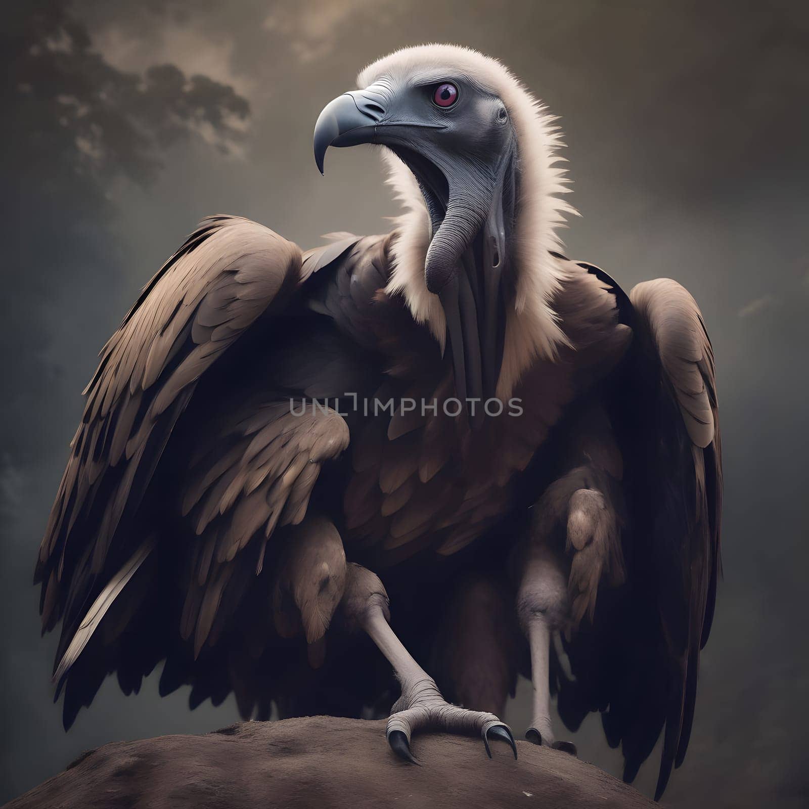 A group of vultures sits on the ground and looks for prey