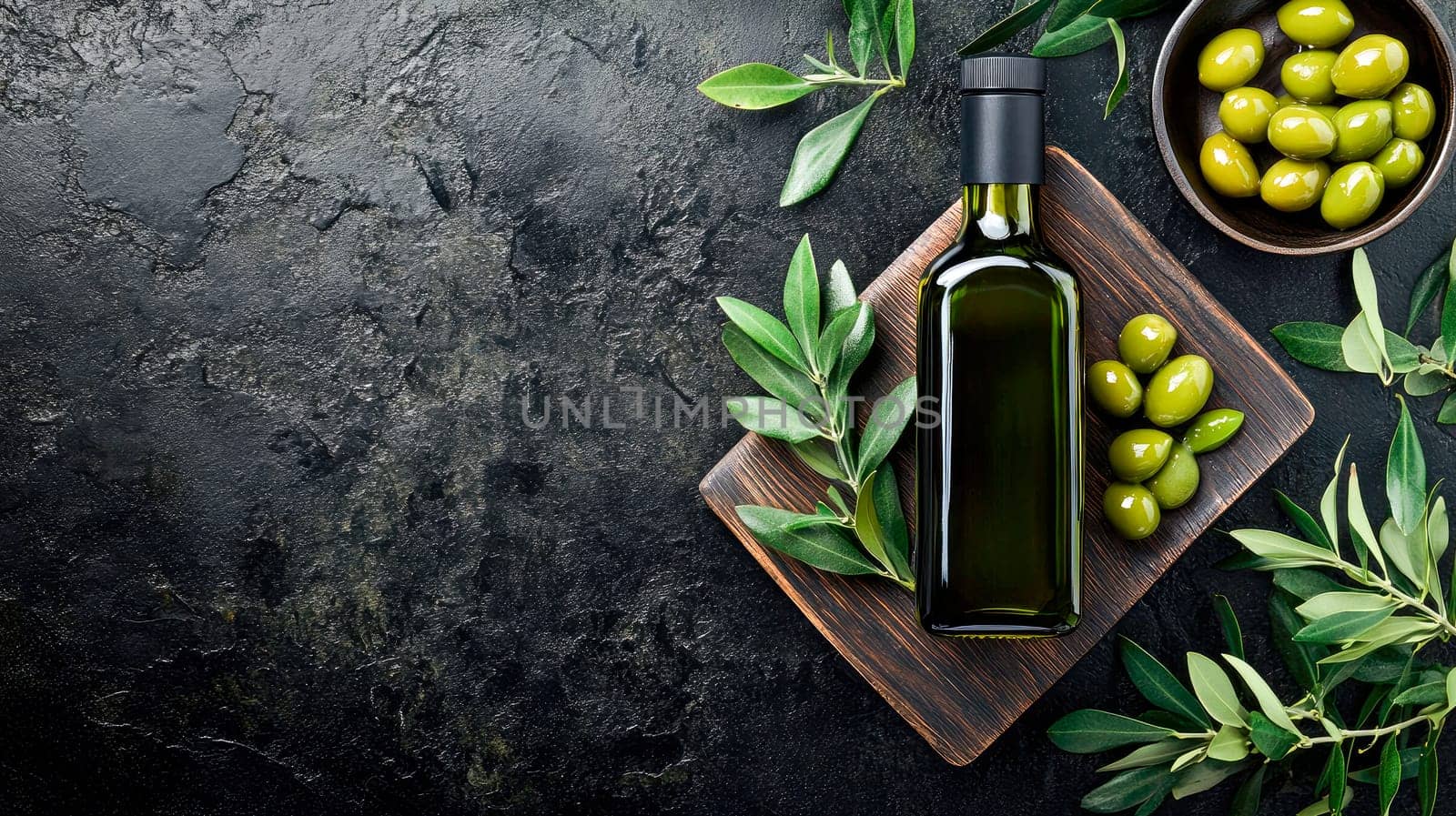 Bottle of olive oil in a wooden bowl with green leaves and olives. Top view, copy space.  AI generated