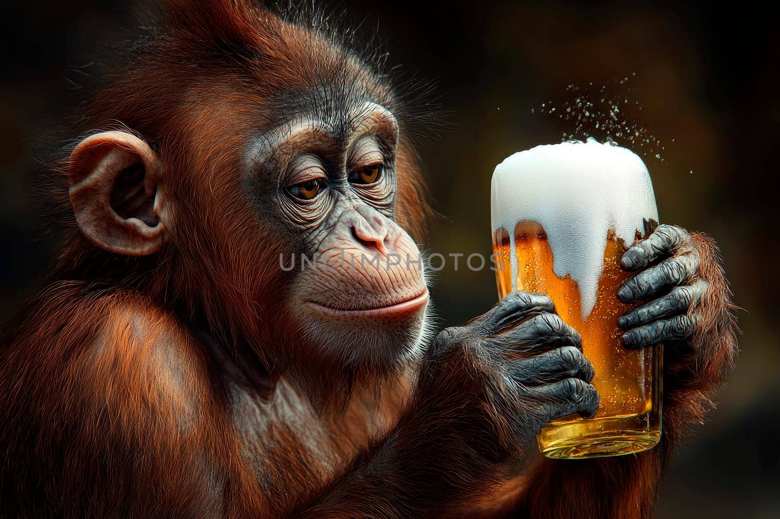A monkey holding big glass of a cold beer. Funny picture for party invitation.  AI generated