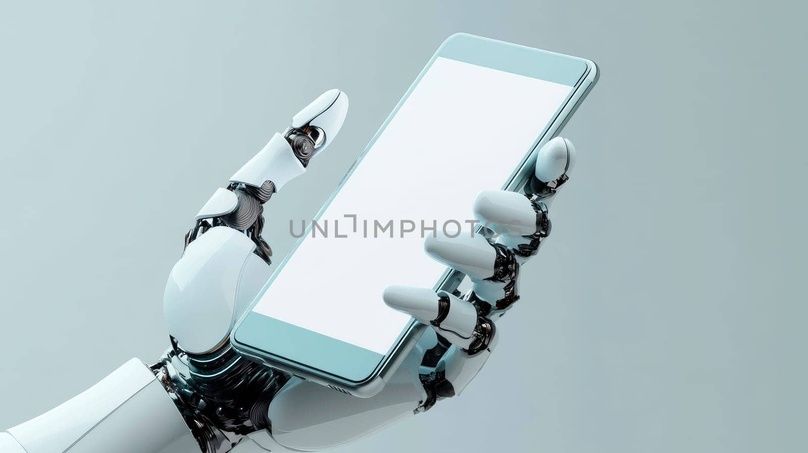 Futuristic Android Hand Holding Modern Smartphone, Copy Space.  AI generated
