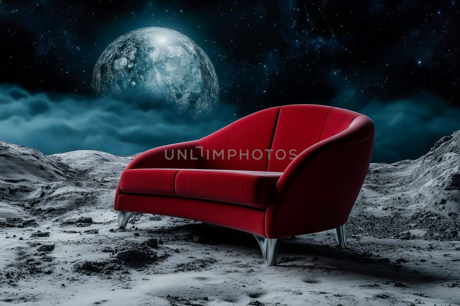 Empty red sofa on the moon surface with a view of space. Concept for space exploration, space travel.  AI generated
