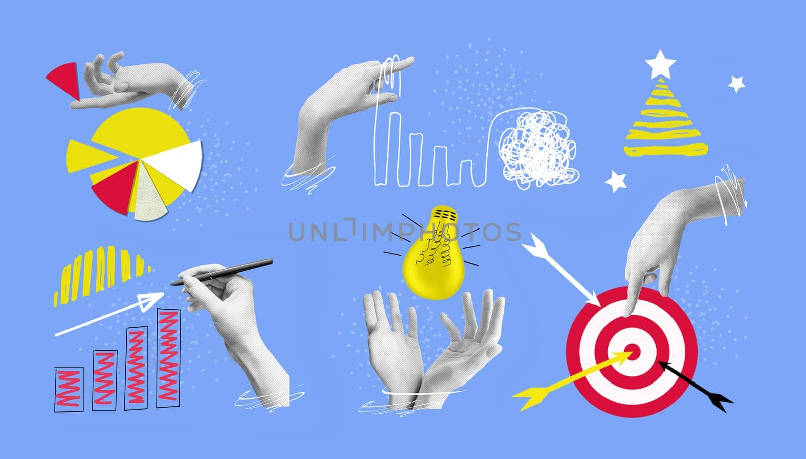 Contemporary collage or art design about main business concepts - sales increase. goal achievement. market share. marketing. leadership and idea