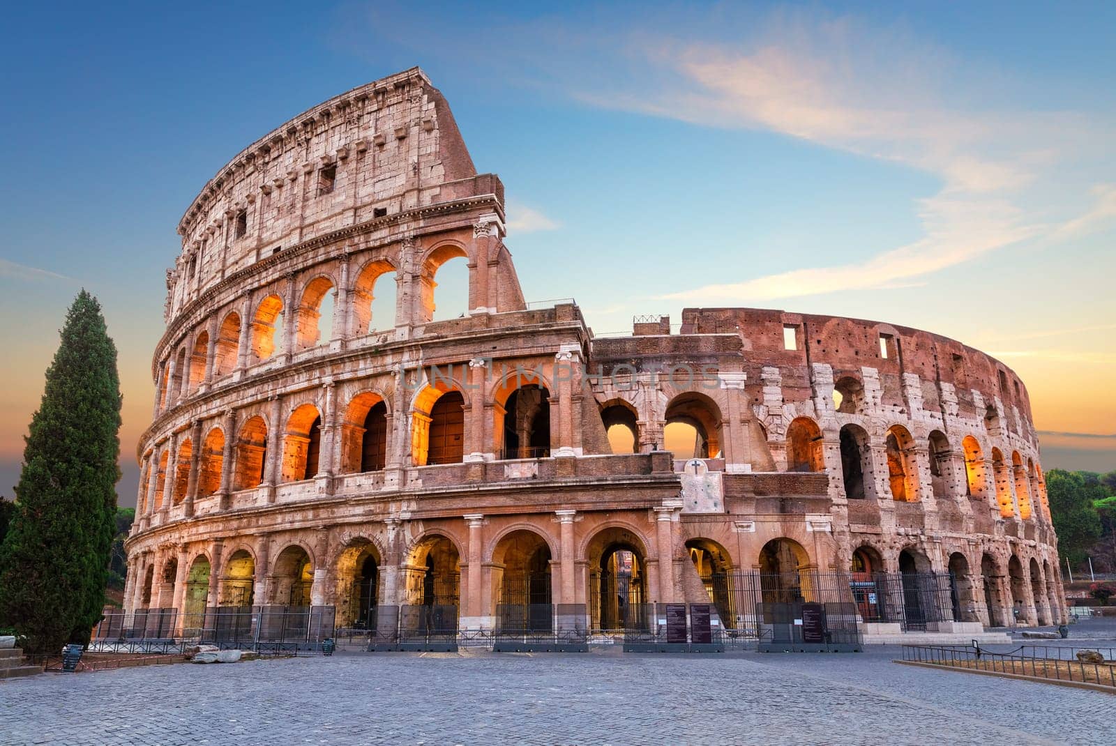 Roman Coliseum at sunset, exclusive view, no people, Rome, Italy