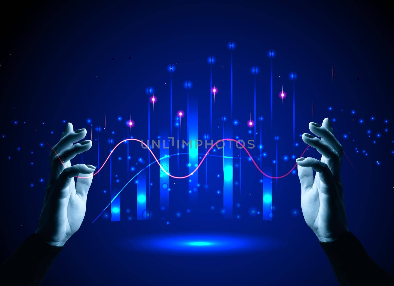 Virtual neon graph and female hand, profit analysis and sales growth dynamics, blue background
