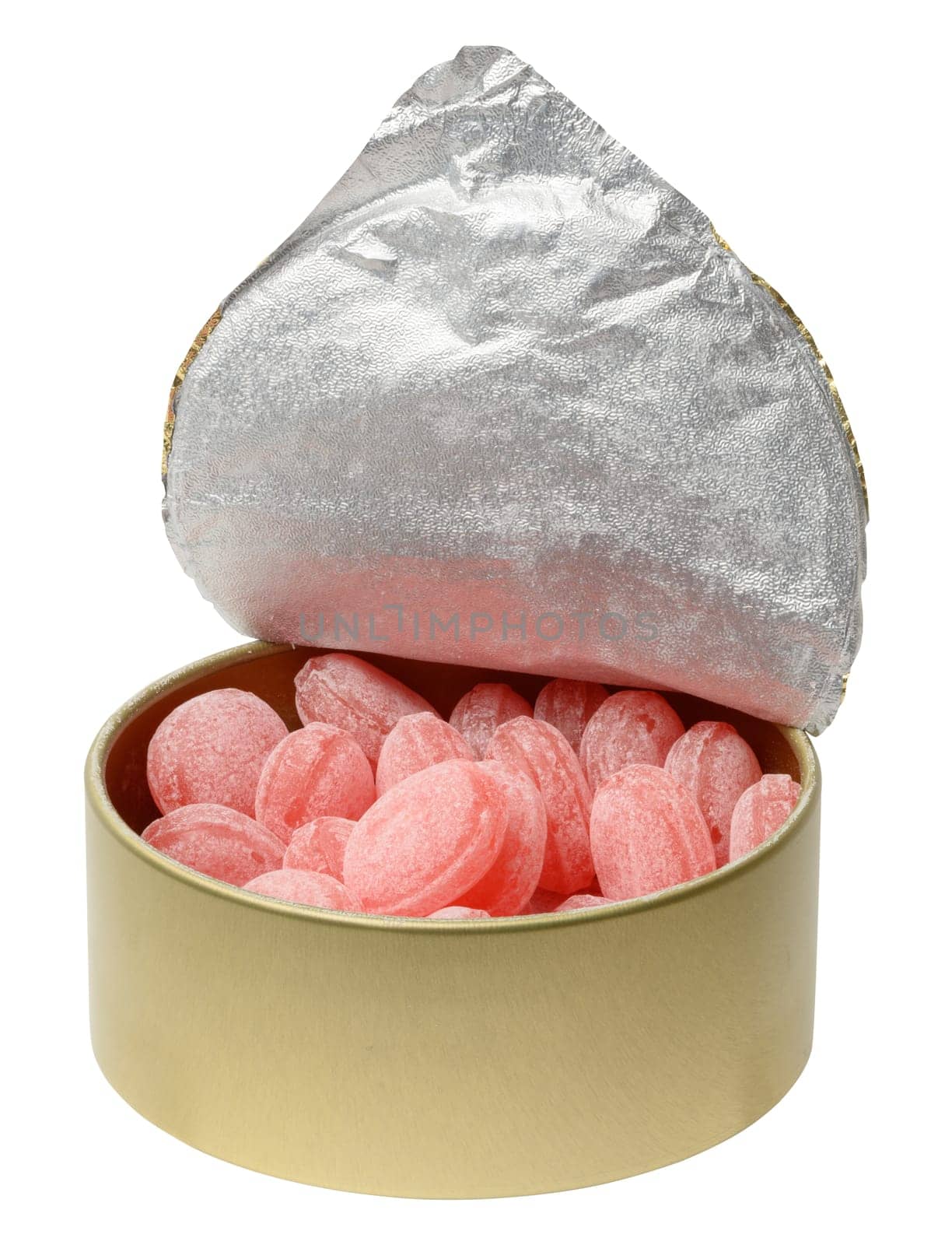 Fruit lollipops in tin box on isolated background