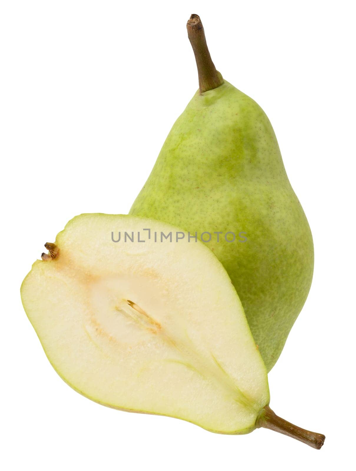 Half and one ripe green pear on isolated background, close up